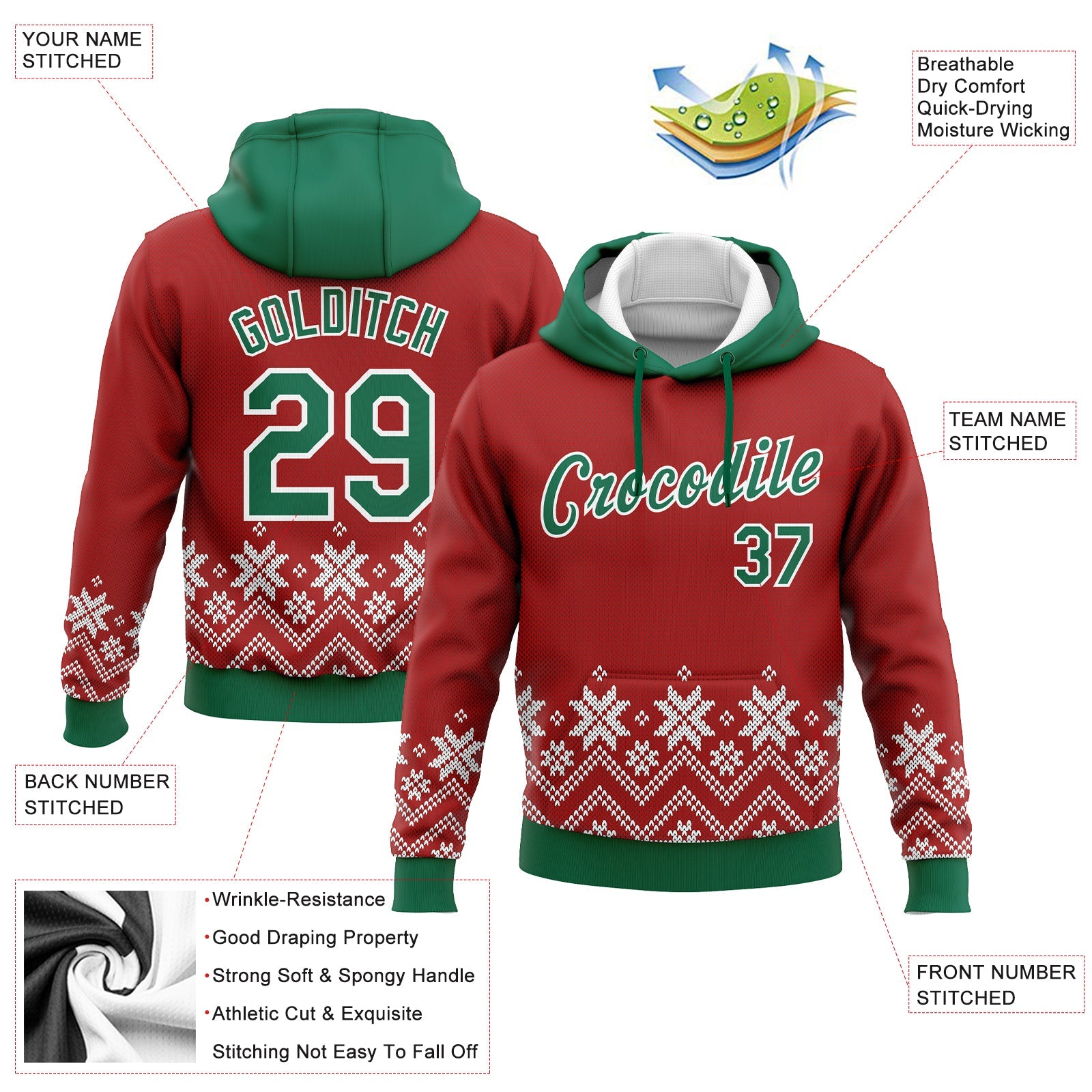 Custom Stitched Red Kelly Green-White Christmas Snowflakes 3D Sports Pullover Sweatshirt Hoodie view 2