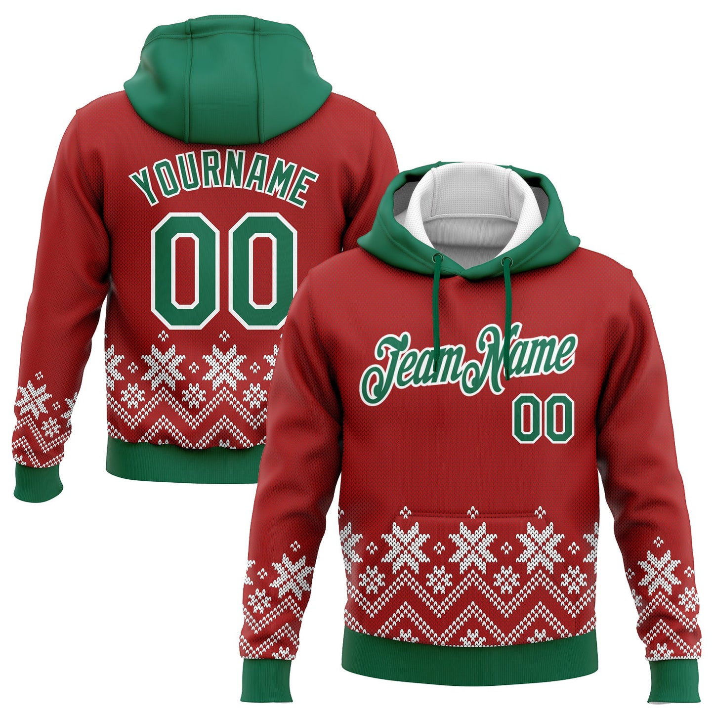 Custom Stitched Red Kelly Green-White Christmas Snowflakes 3D Sports Pullover Sweatshirt Hoodie - Main View
