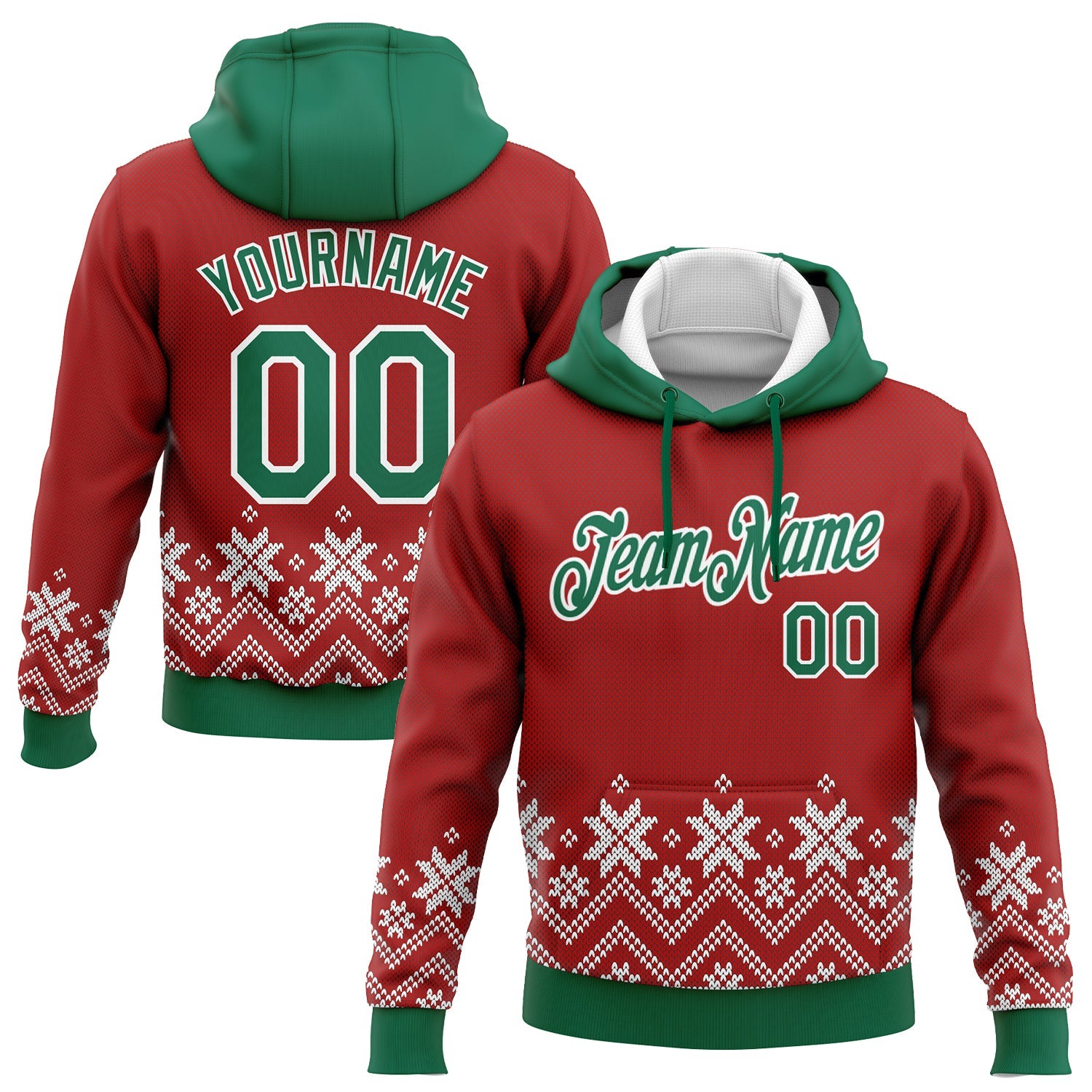 Custom Stitched Red Kelly Green-White Christmas Snowflakes 3D Sports Pullover Sweatshirt Hoodie - Main View