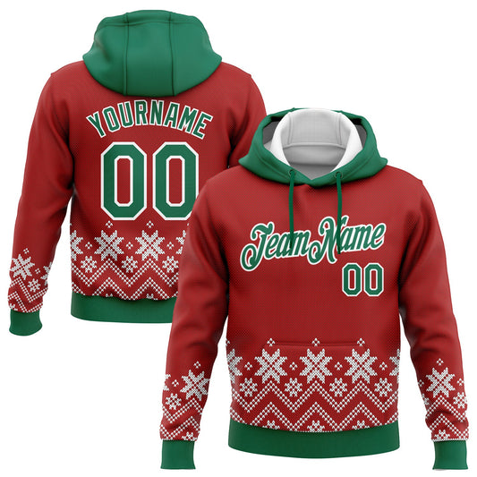 Custom Stitched Red Kelly Green-White Christmas Snowflakes 3D Sports Pullover Sweatshirt Hoodie - Main View