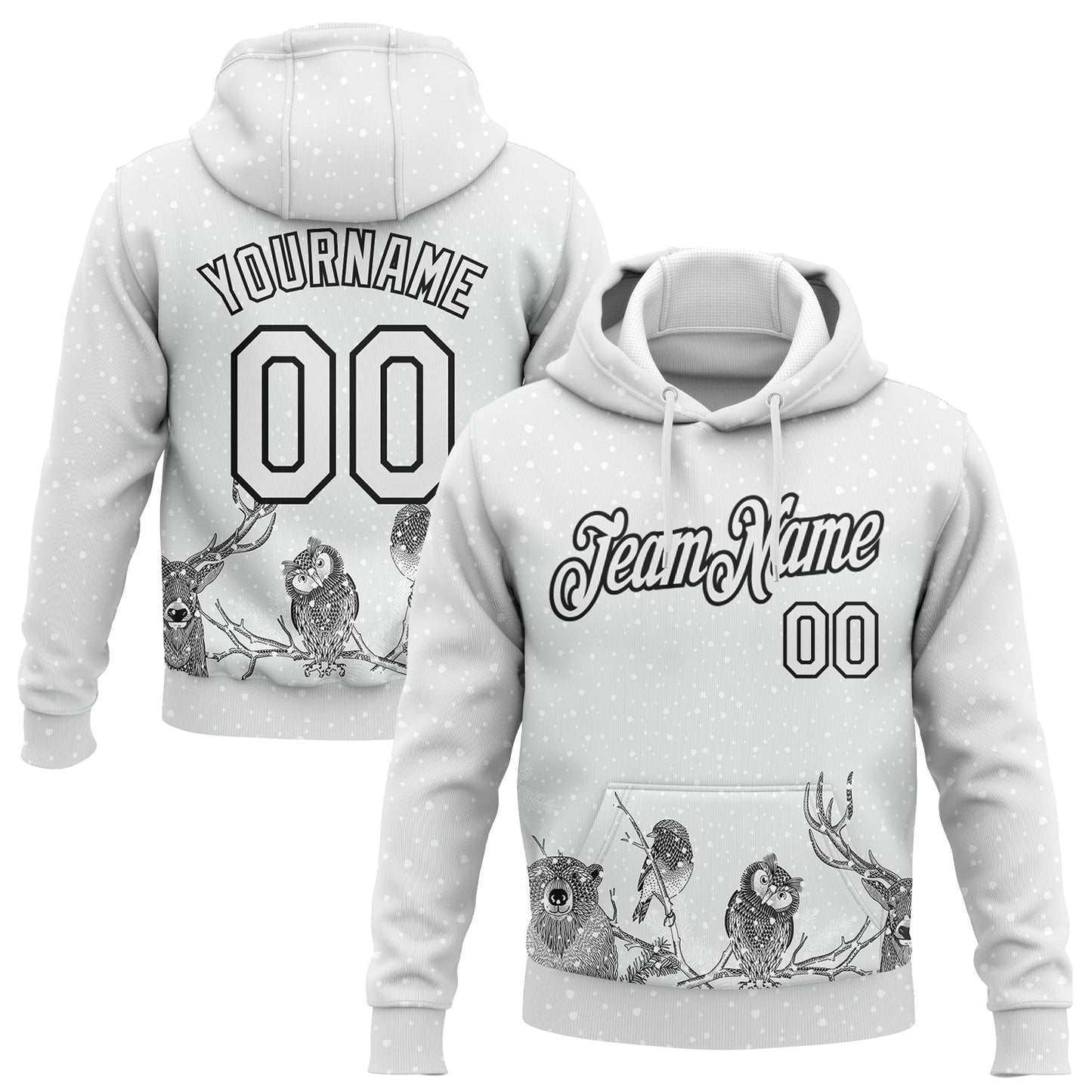 Custom Stitched White Black Merry Christmas Animals In Winter 3D Sports Pullover Sweatshirt Hoodie - Main View
