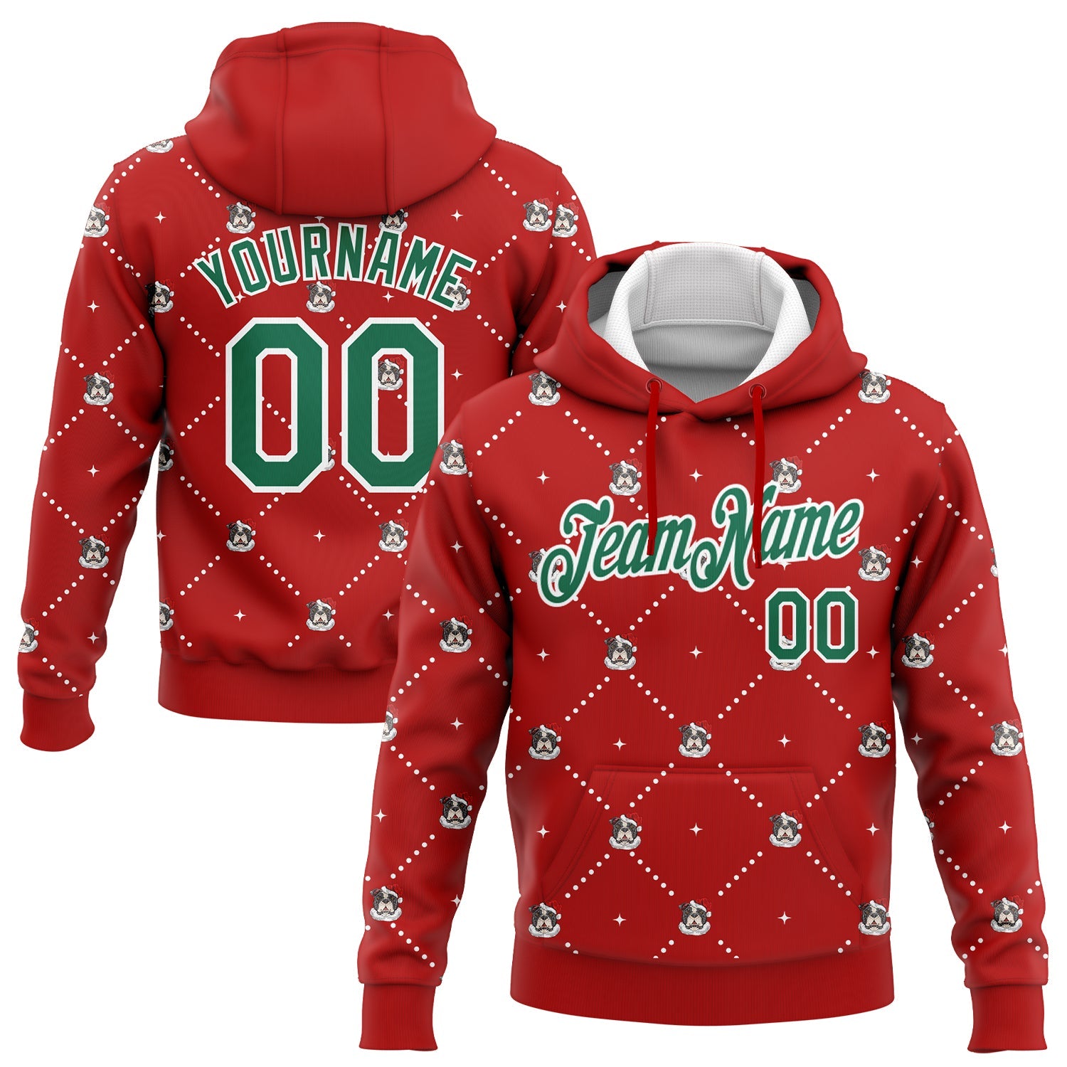 Custom Stitched Red Kelly Green-White Christmas Dog Wearing Santa Claus Costume 3D Sports Pullover Sweatshirt Hoodie - Main View