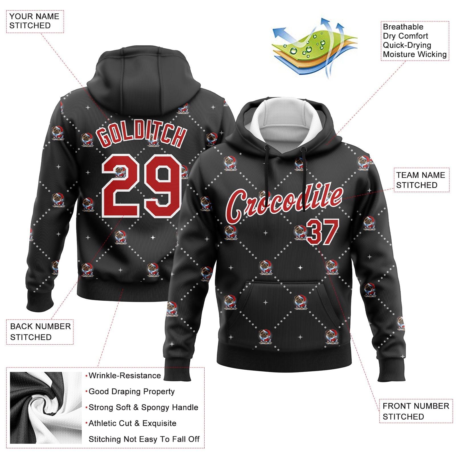 Custom Stitched Black Red-White Christmas Dog Wearing Santa Claus Costume 3D Sports Pullover Sweatshirt Hoodie view 2
