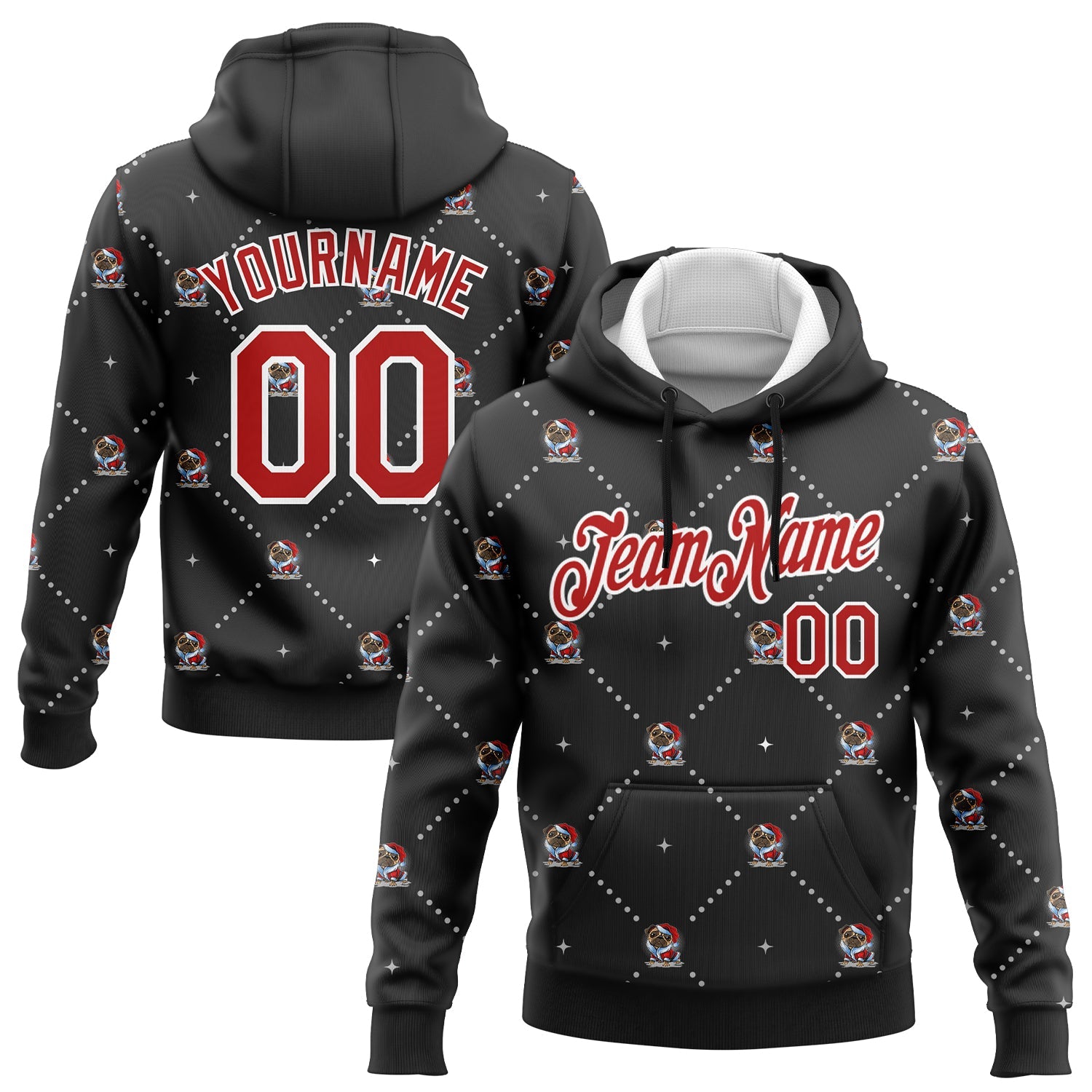 Custom Stitched Black Red-White Christmas Dog Wearing Santa Claus Costume 3D Sports Pullover Sweatshirt Hoodie - Main View