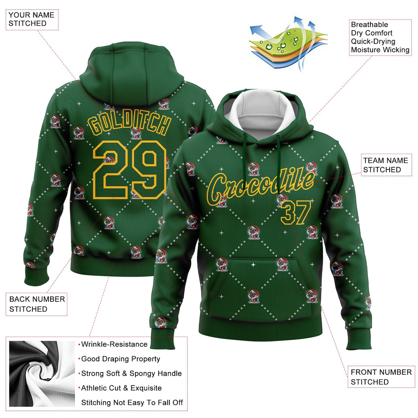Custom Stitched Green Gold Christmas Dog Wearing Santa Claus Costume 3D Sports Pullover Sweatshirt Hoodie view 2
