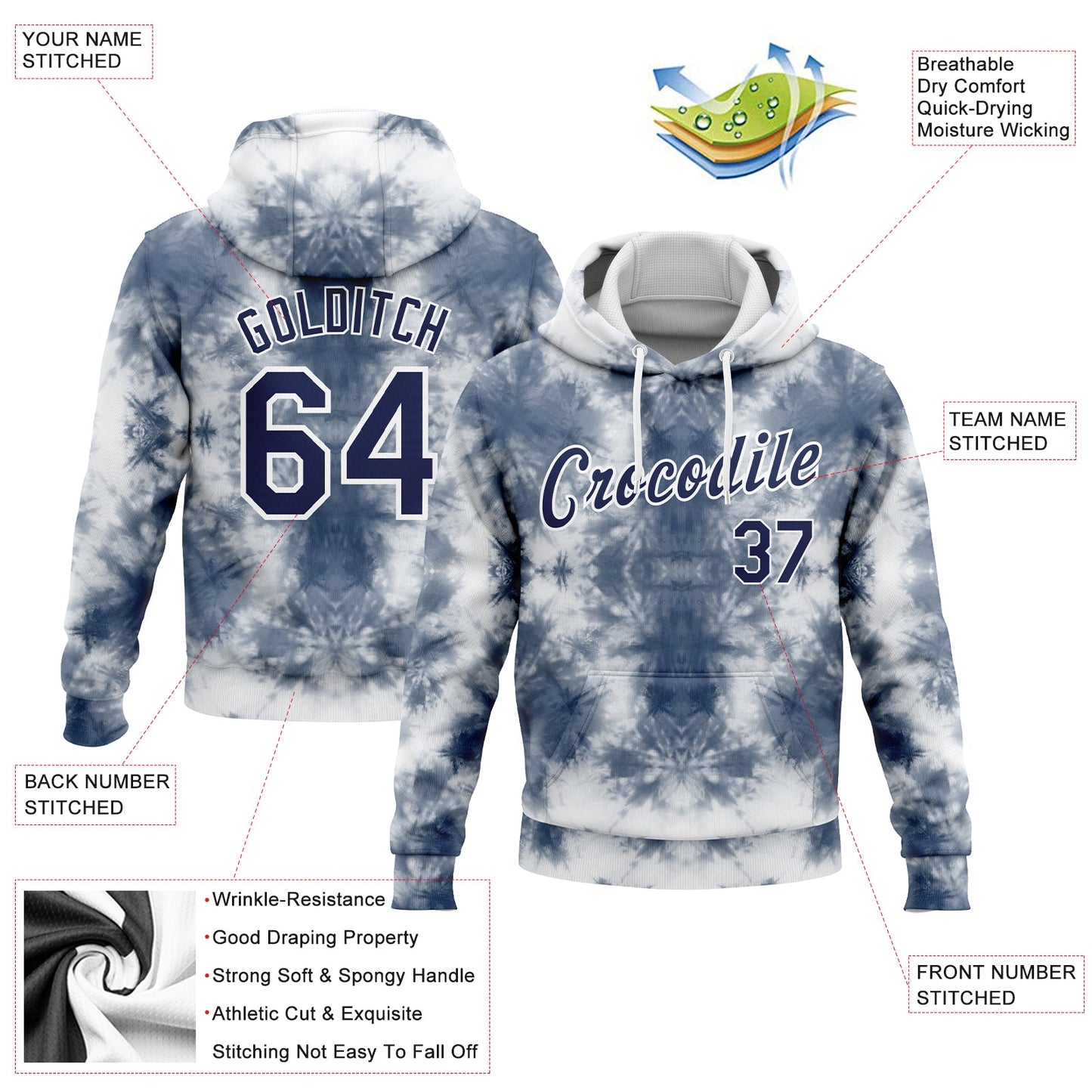 Custom Stitched Tie Dye Navy-White 3D Abstract Style Sports Pullover Sweatshirt Hoodie view 2