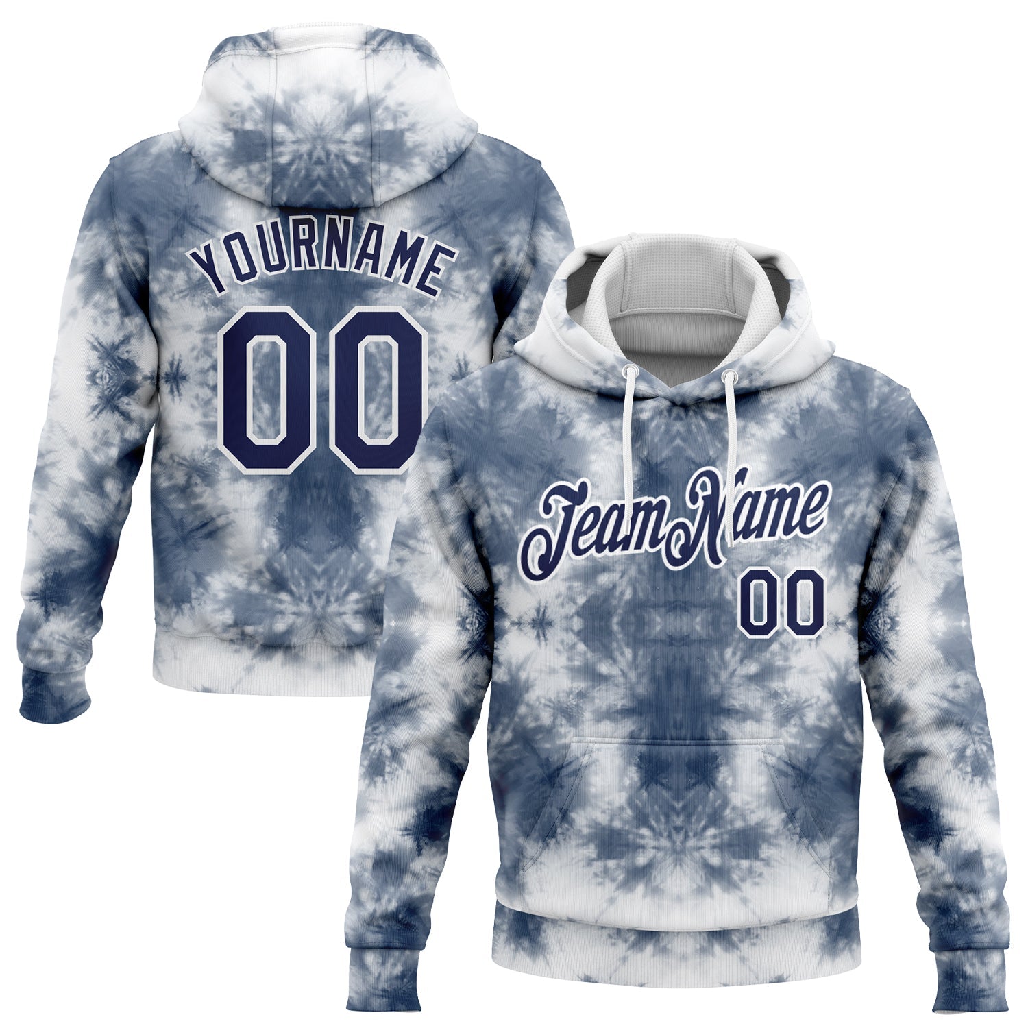 Custom Stitched Tie Dye Navy-White 3D Abstract Style Sports Pullover Sweatshirt Hoodie - Main View