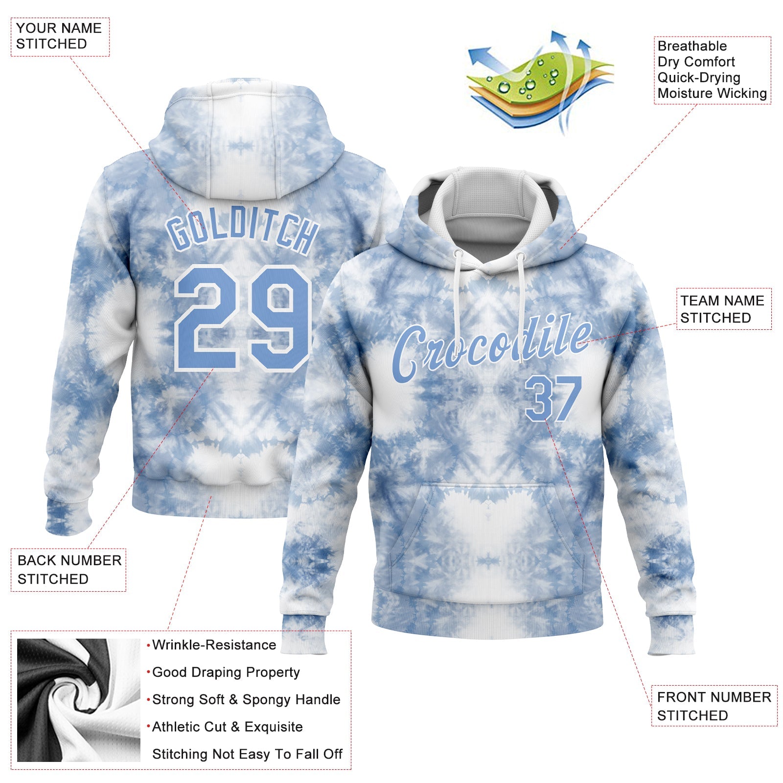 Custom Stitched Tie Dye Light Blue-White 3D Watercolor Sports Pullover Sweatshirt Hoodie view 2