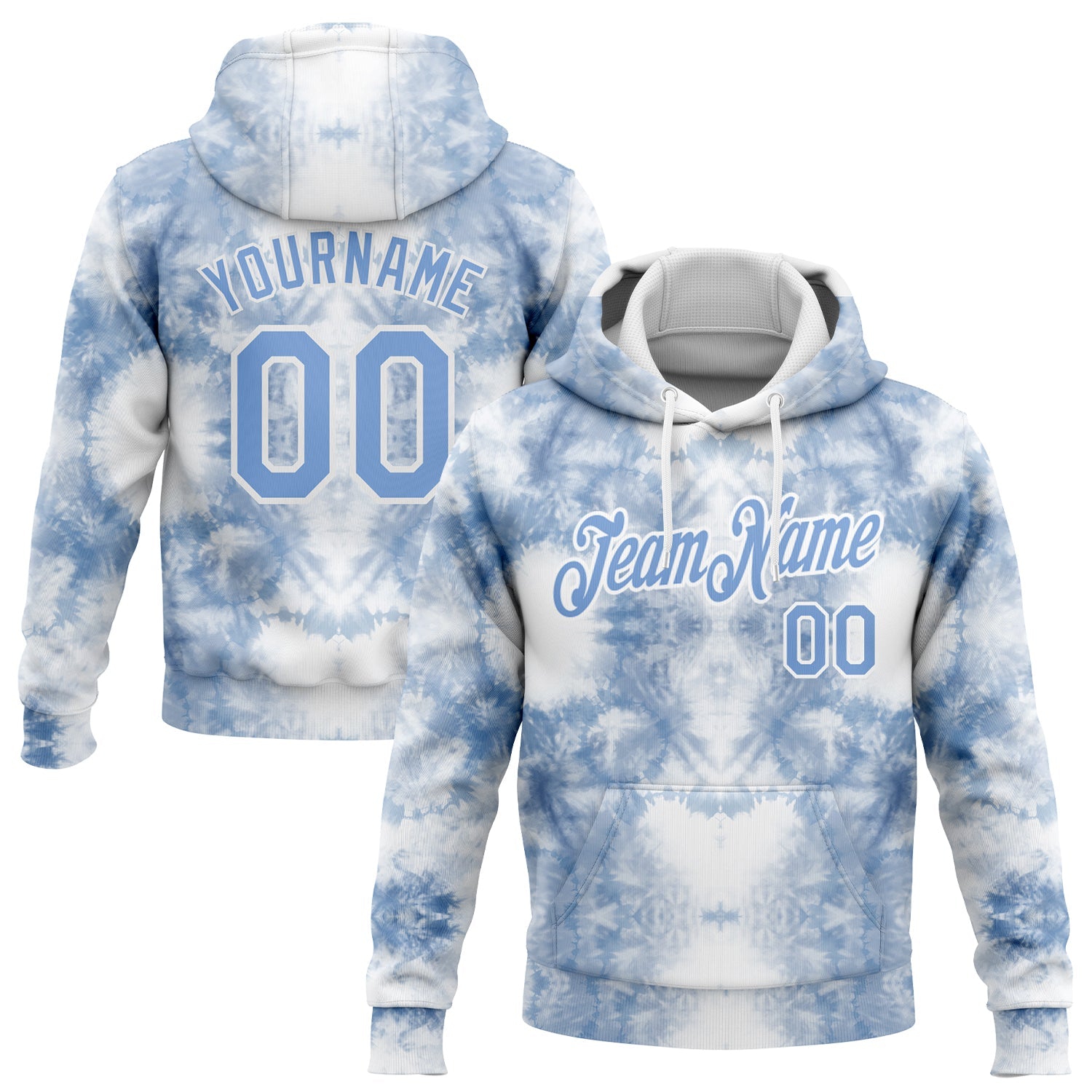 Custom Stitched Tie Dye Light Blue-White 3D Watercolor Sports Pullover Sweatshirt Hoodie - Main View