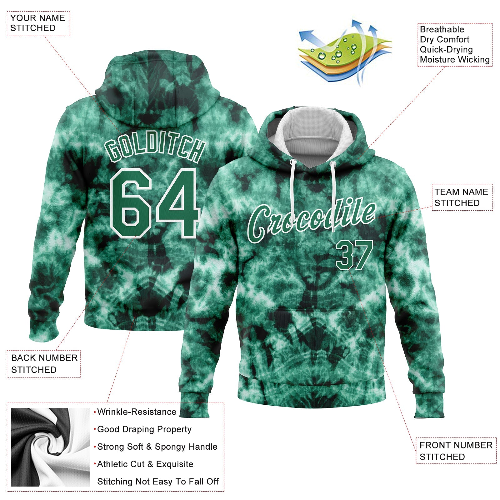 Custom Stitched Tie Dye Kelly Green-White 3D Abstract Shibori Style Sports Pullover Sweatshirt Hoodie view 2