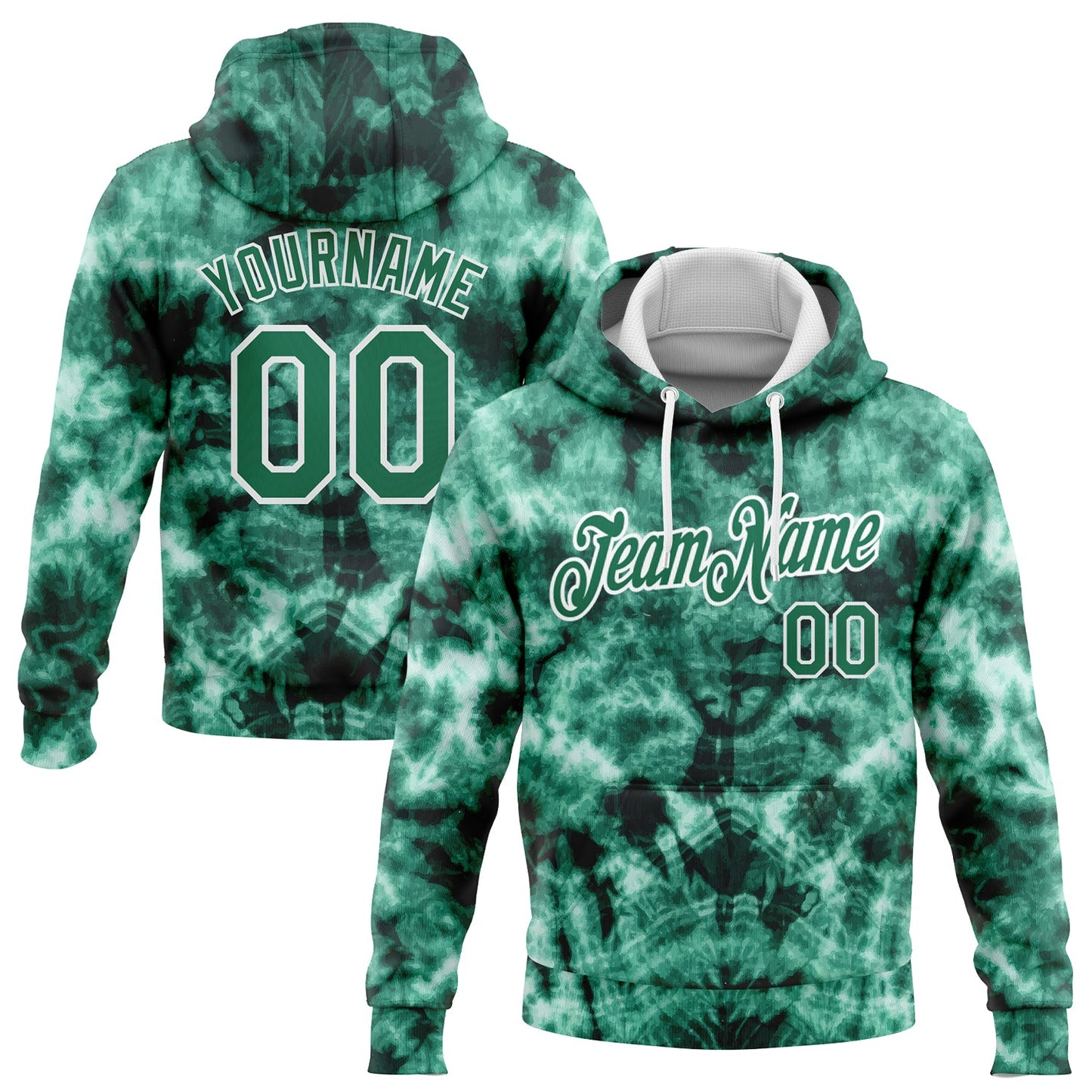 Custom Stitched Tie Dye Kelly Green-White 3D Abstract Shibori Style Sports Pullover Sweatshirt Hoodie - Main View