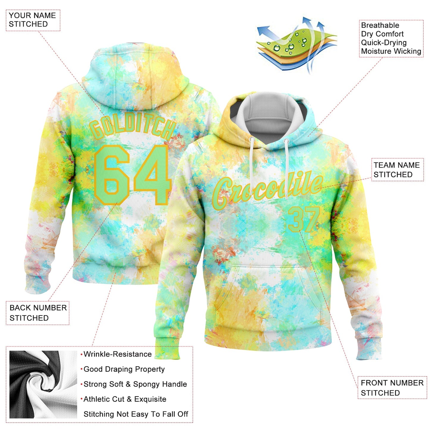 Custom Stitched Tie Dye Pea Green-Yellow 3D Watercolor Sports Pullover Sweatshirt Hoodie view 2