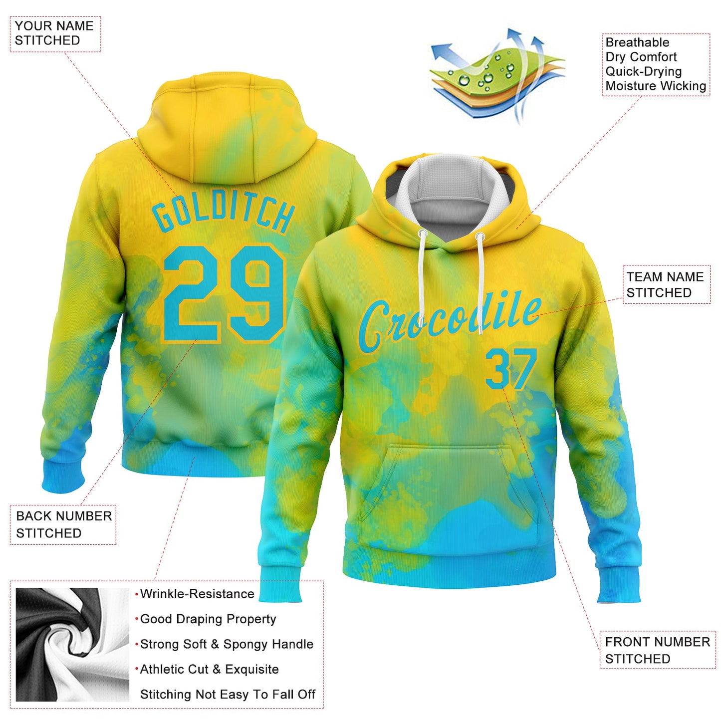 Custom Stitched Tie Dye Lakes Blue-Gold 3D Bright Flow Watercolor Sports Pullover Sweatshirt Hoodie view 2