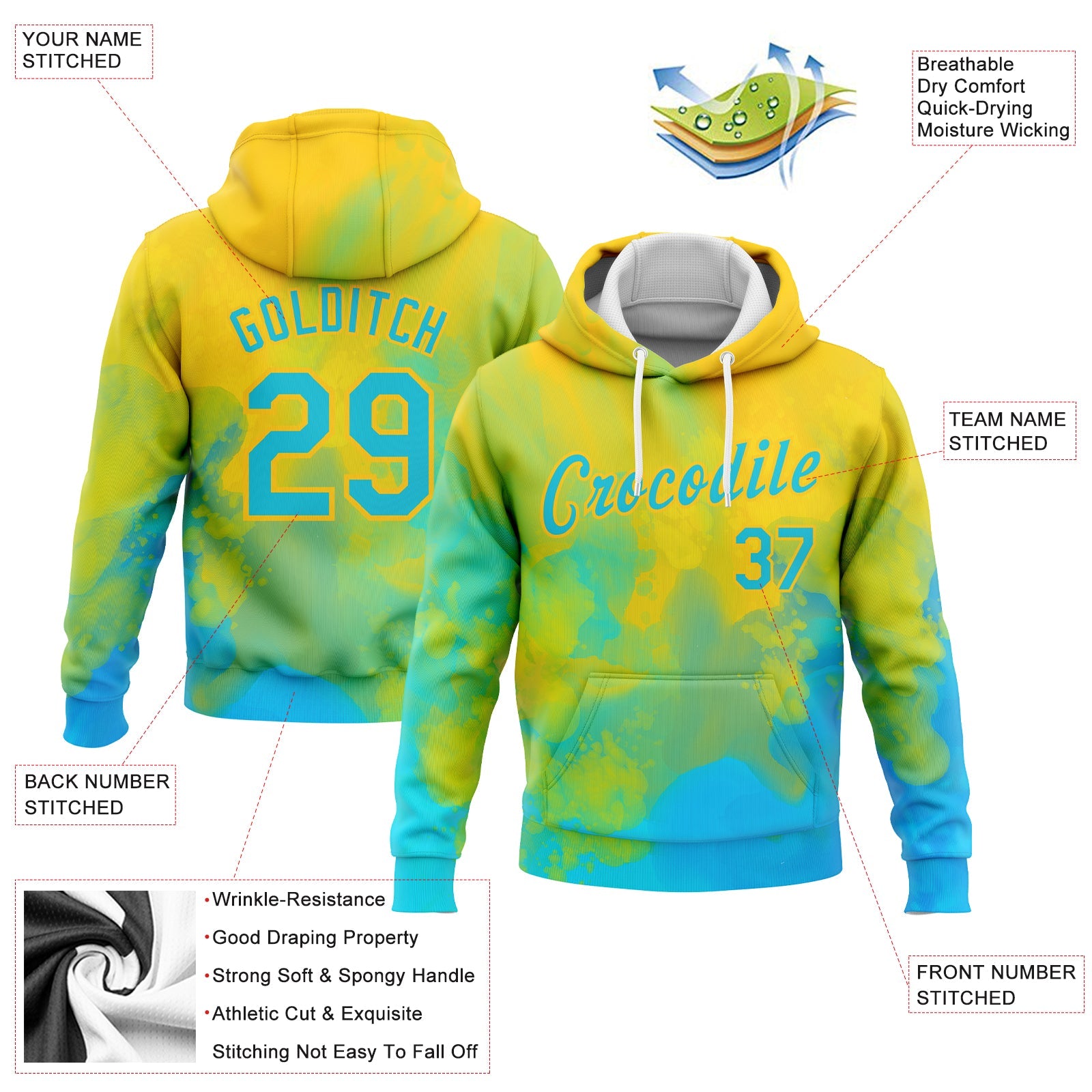 Custom Stitched Tie Dye Lakes Blue-Gold 3D Bright Flow Watercolor Sports Pullover Sweatshirt Hoodie view 2
