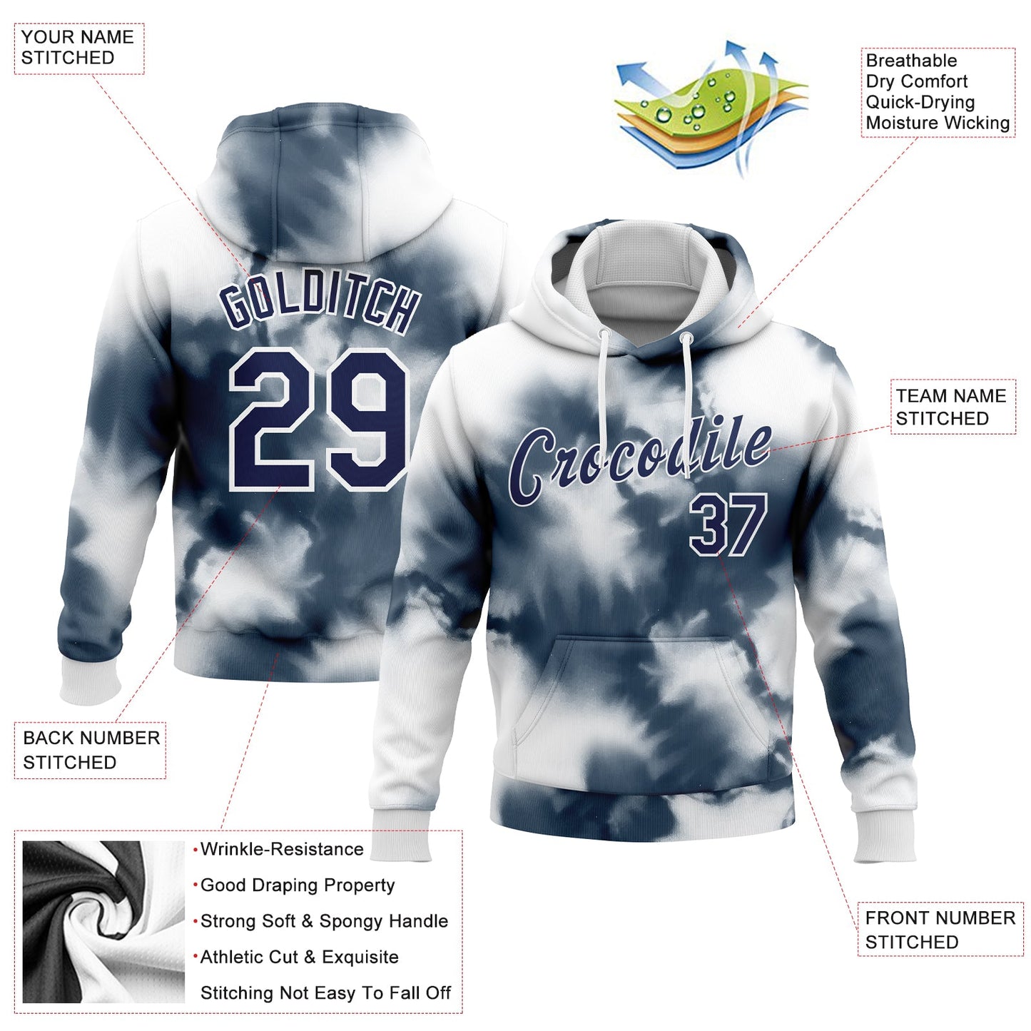 Custom Stitched Tie Dye Navy-White 3D Abstract Shibori Style Sports Pullover Sweatshirt Hoodie view 2