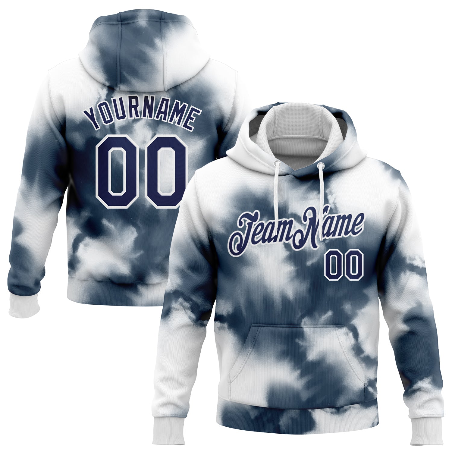 Custom Stitched Tie Dye Navy-White 3D Abstract Shibori Style Sports Pullover Sweatshirt Hoodie - Main View