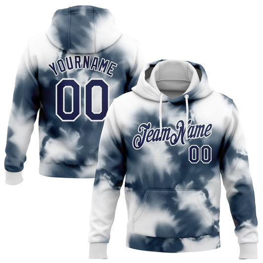 Custom Stitched Tie Dye Navy-White 3D Abstract Shibori Style Sports Pullover Sweatshirt Hoodie - Main View