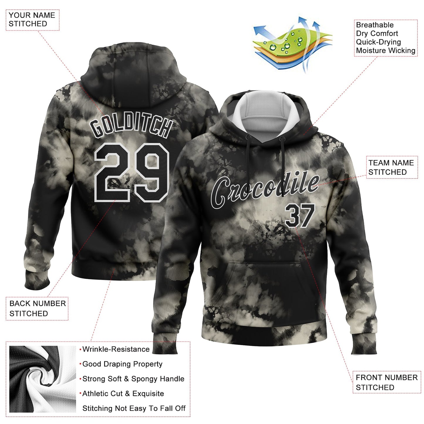 Custom Stitched Tie Dye Black-White 3D Abstract Style Sports Pullover Sweatshirt Hoodie view 2