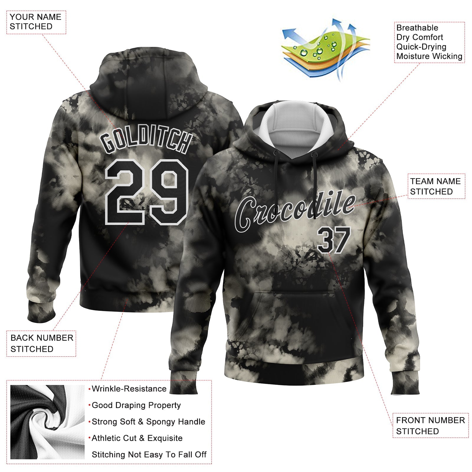 Custom Stitched Tie Dye Black-White 3D Abstract Style Sports Pullover Sweatshirt Hoodie view 2