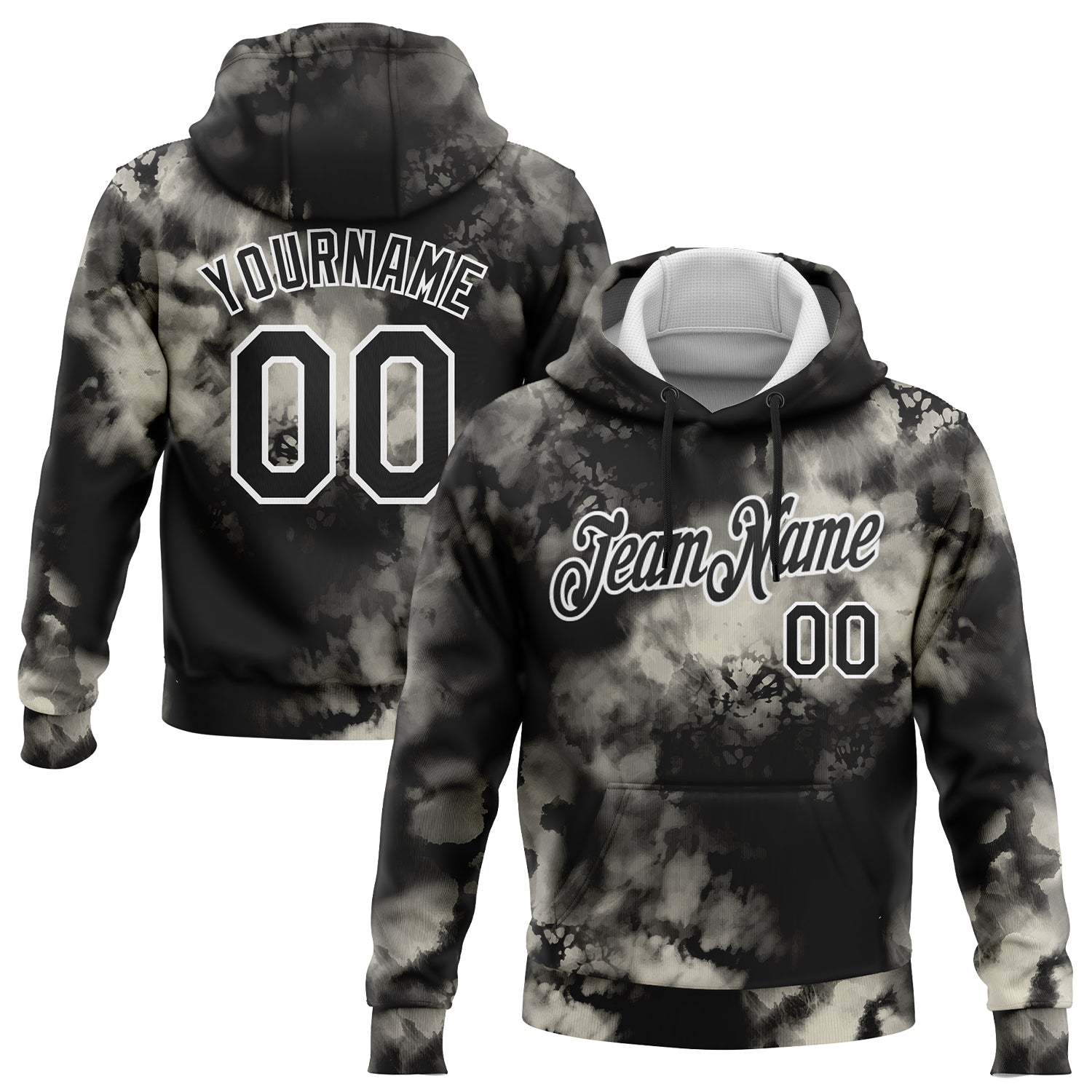Custom Stitched Tie Dye Black-White 3D Abstract Style Sports Pullover Sweatshirt Hoodie - Main View