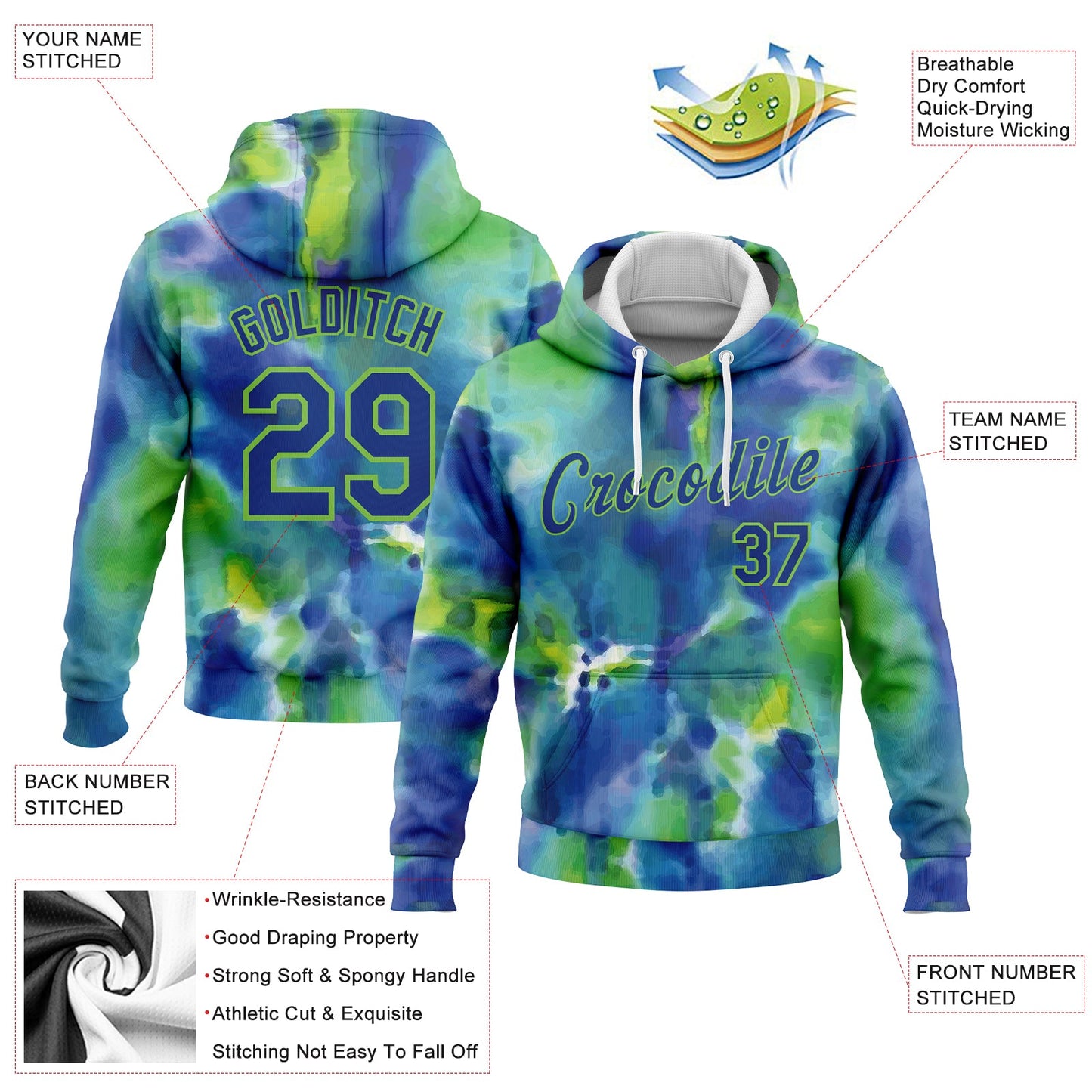 Custom Stitched Tie Dye Royal-Neon Green 3D Abstract Style Sports Pullover Sweatshirt Hoodie view 2