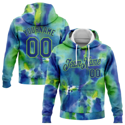 Custom Stitched Tie Dye Royal-Neon Green 3D Abstract Style Sports Pullover Sweatshirt Hoodie - Main View