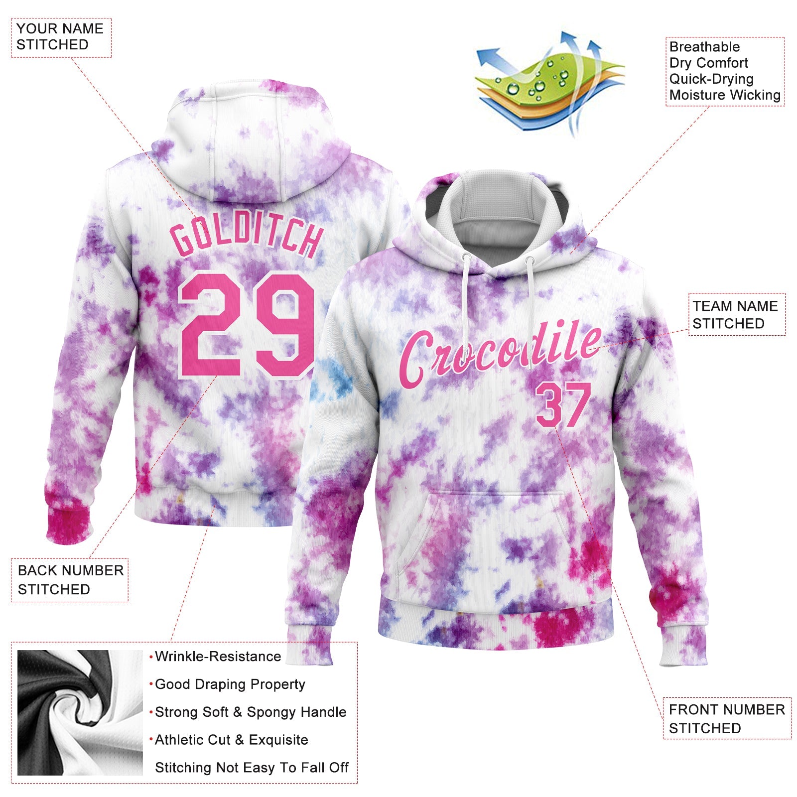 Custom Stitched Tie Dye Pink-White 3D Watercolor Sports Pullover Sweatshirt Hoodie view 2