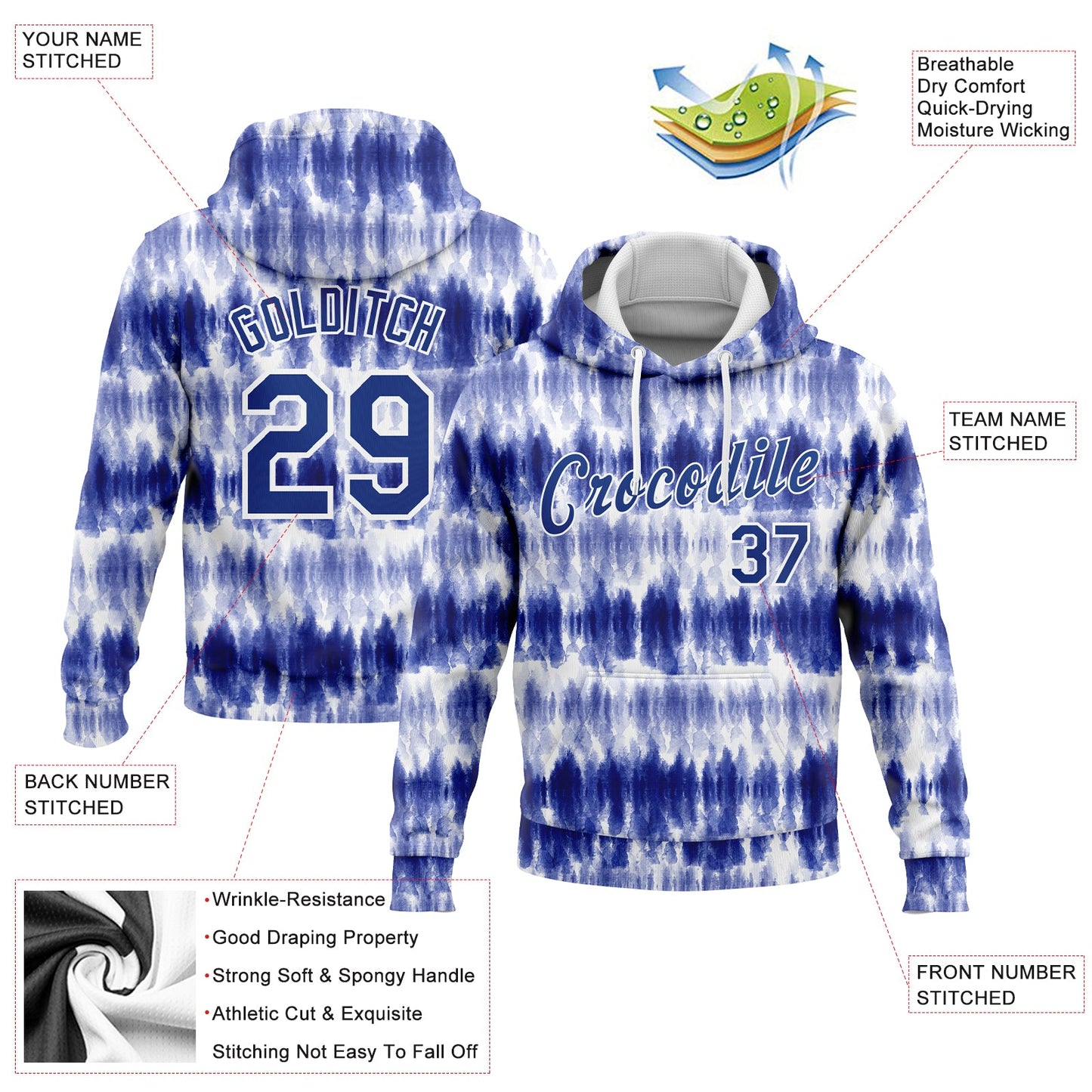 Custom Stitched Tie Dye Royal-White 3D Watercolor Sports Pullover Sweatshirt Hoodie view 2