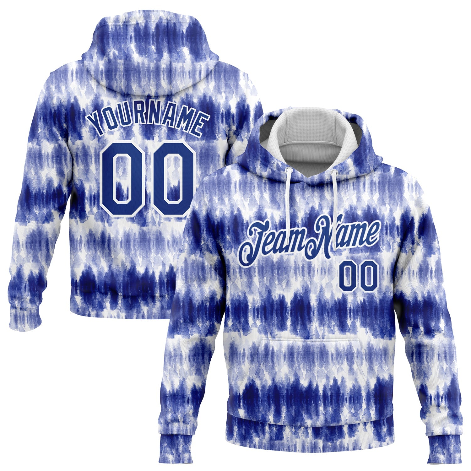 Custom Stitched Tie Dye Royal-White 3D Watercolor Sports Pullover Sweatshirt Hoodie - Main View
