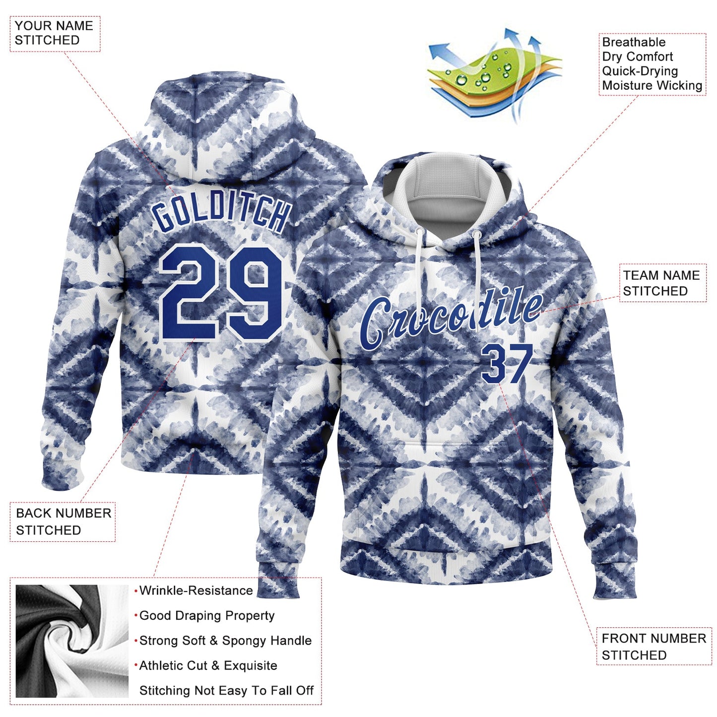 Custom Stitched Tie Dye Royal-White 3D Watercolor Shibori Style Sports Pullover Sweatshirt Hoodie view 2