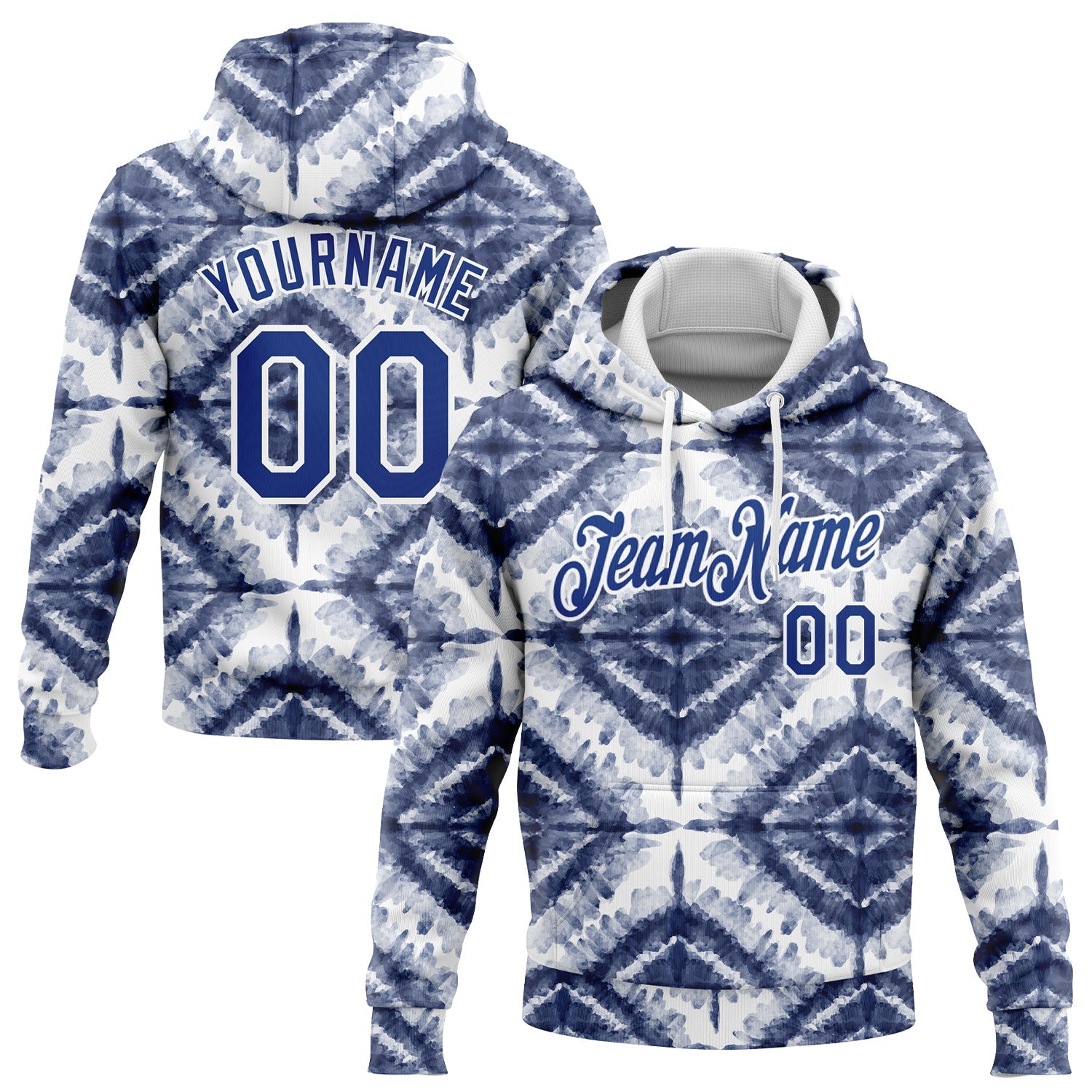 Custom Stitched Tie Dye Royal-White 3D Watercolor Shibori Style Sports Pullover Sweatshirt Hoodie - Main View