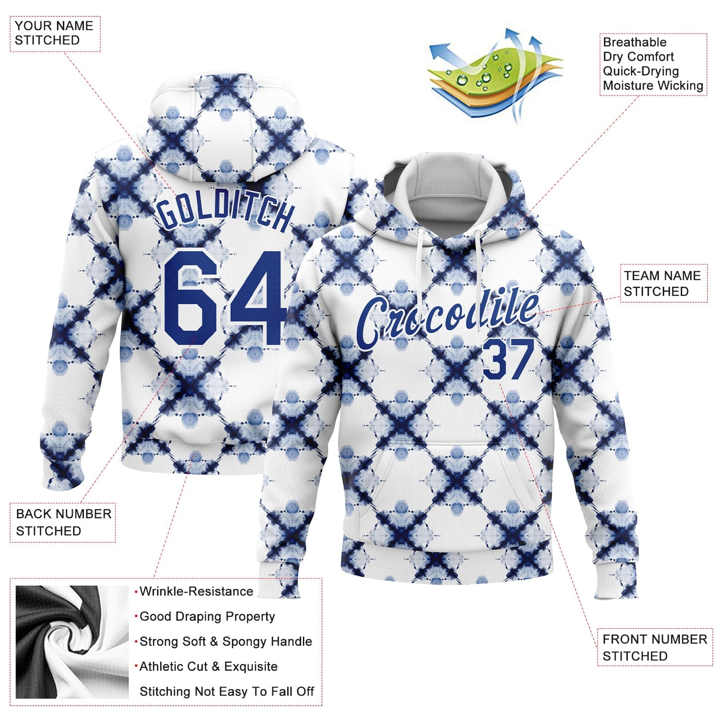 Custom Stitched Tie Dye Royal-White 3D Watercolor Shibori Style Sports Pullover Sweatshirt Hoodie view 2