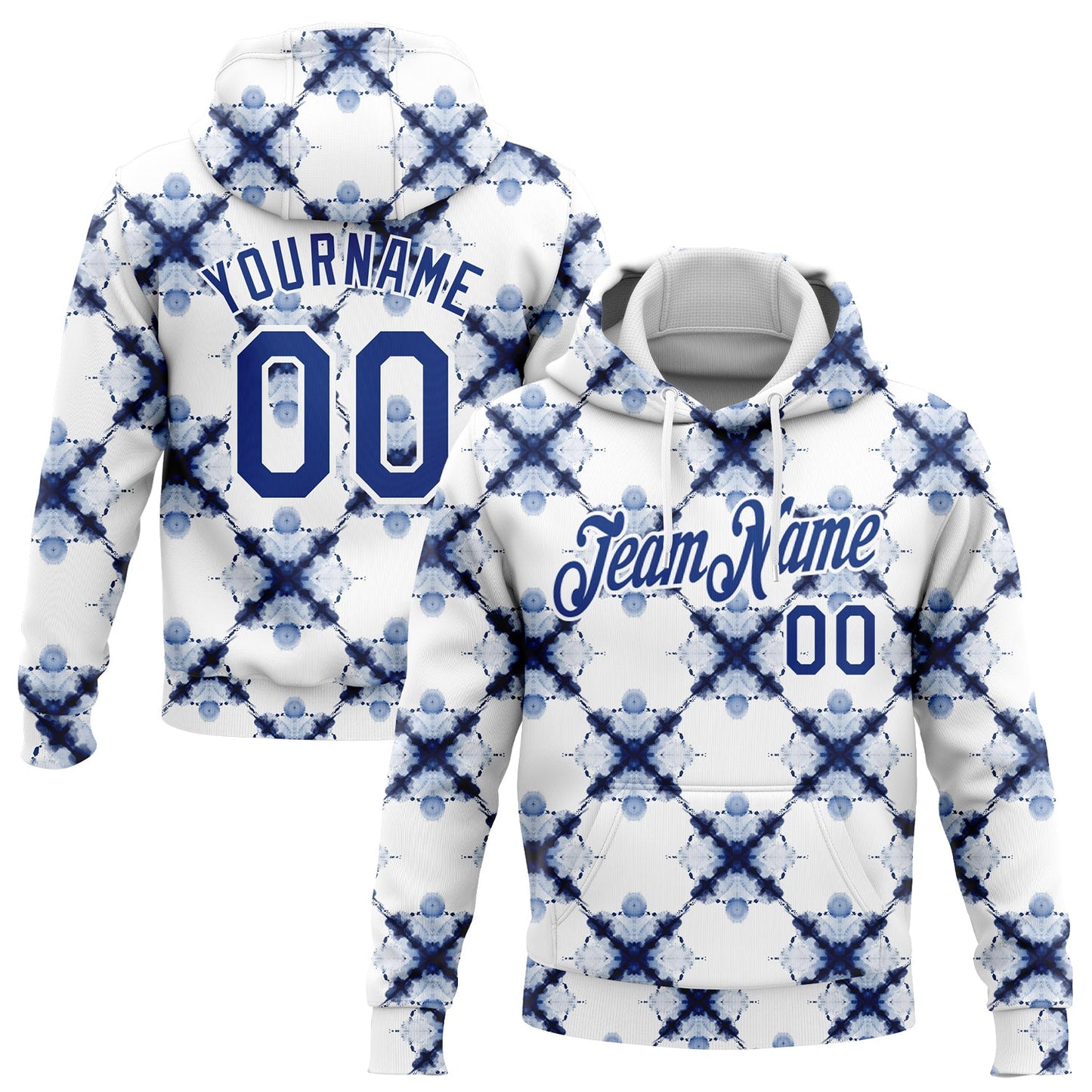 Custom Stitched Tie Dye Royal-White 3D Watercolor Shibori Style Sports Pullover Sweatshirt Hoodie - Main View