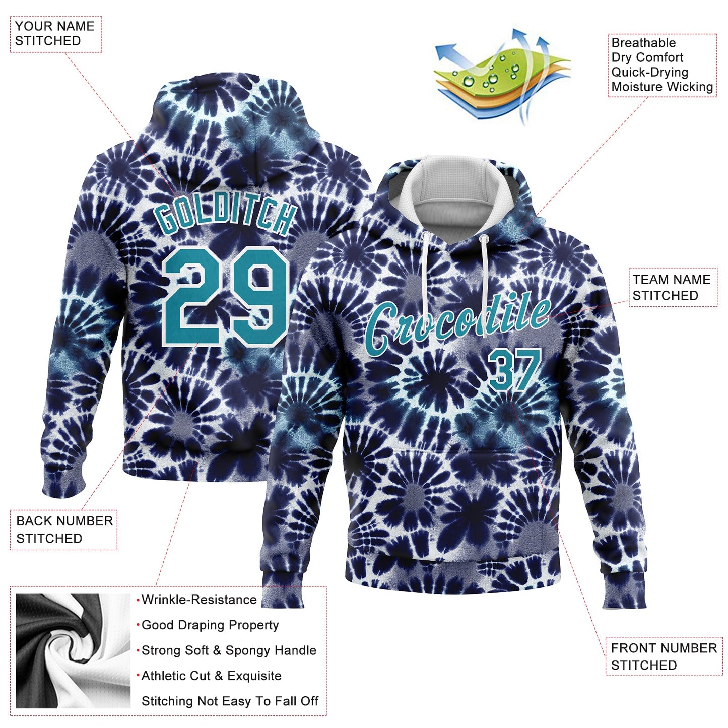Custom Stitched Tie Dye Teal-White 3D Hippie Batik Sports Pullover Sweatshirt Hoodie view 2