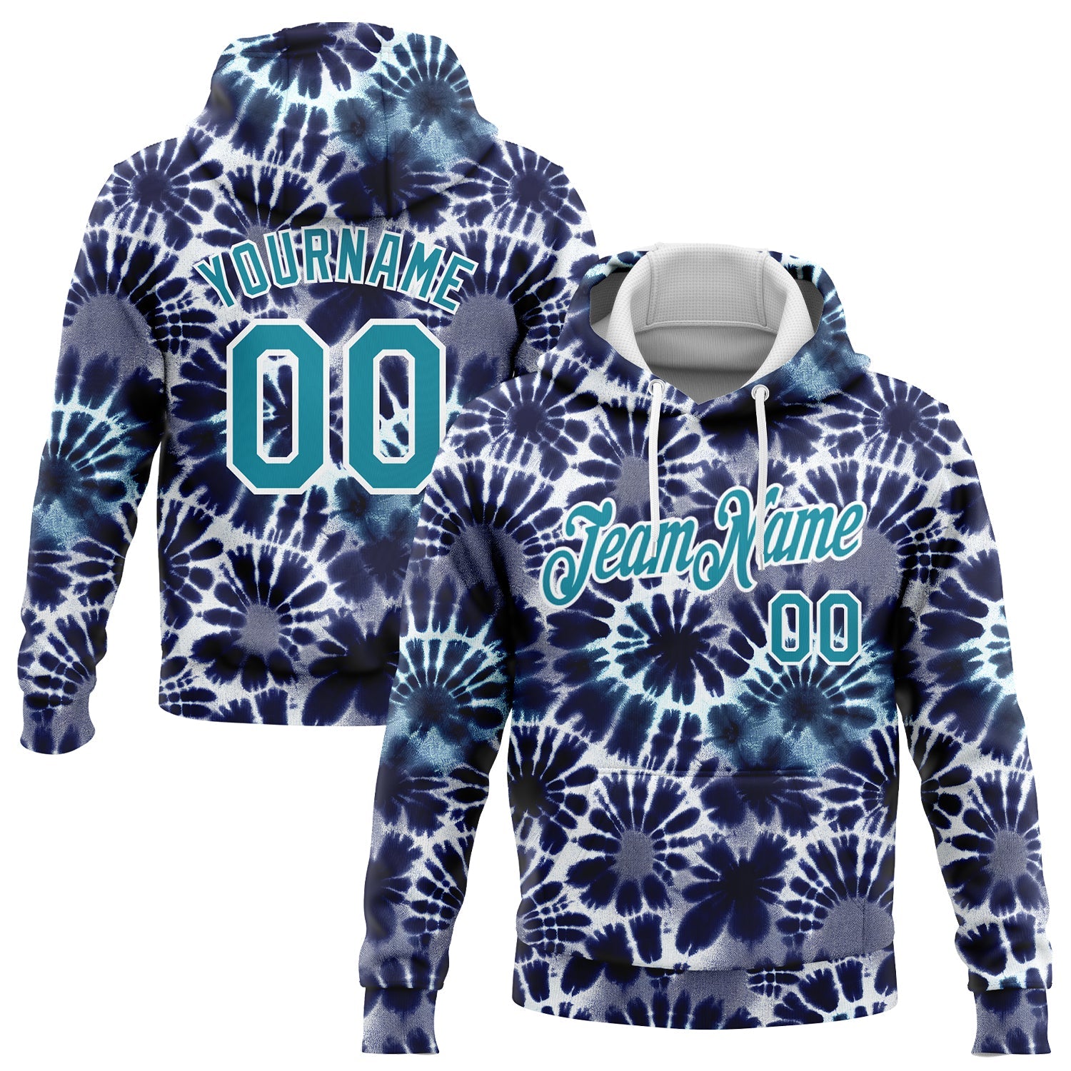 Custom Stitched Tie Dye Teal-White 3D Hippie Batik Sports Pullover Sweatshirt Hoodie - Main View