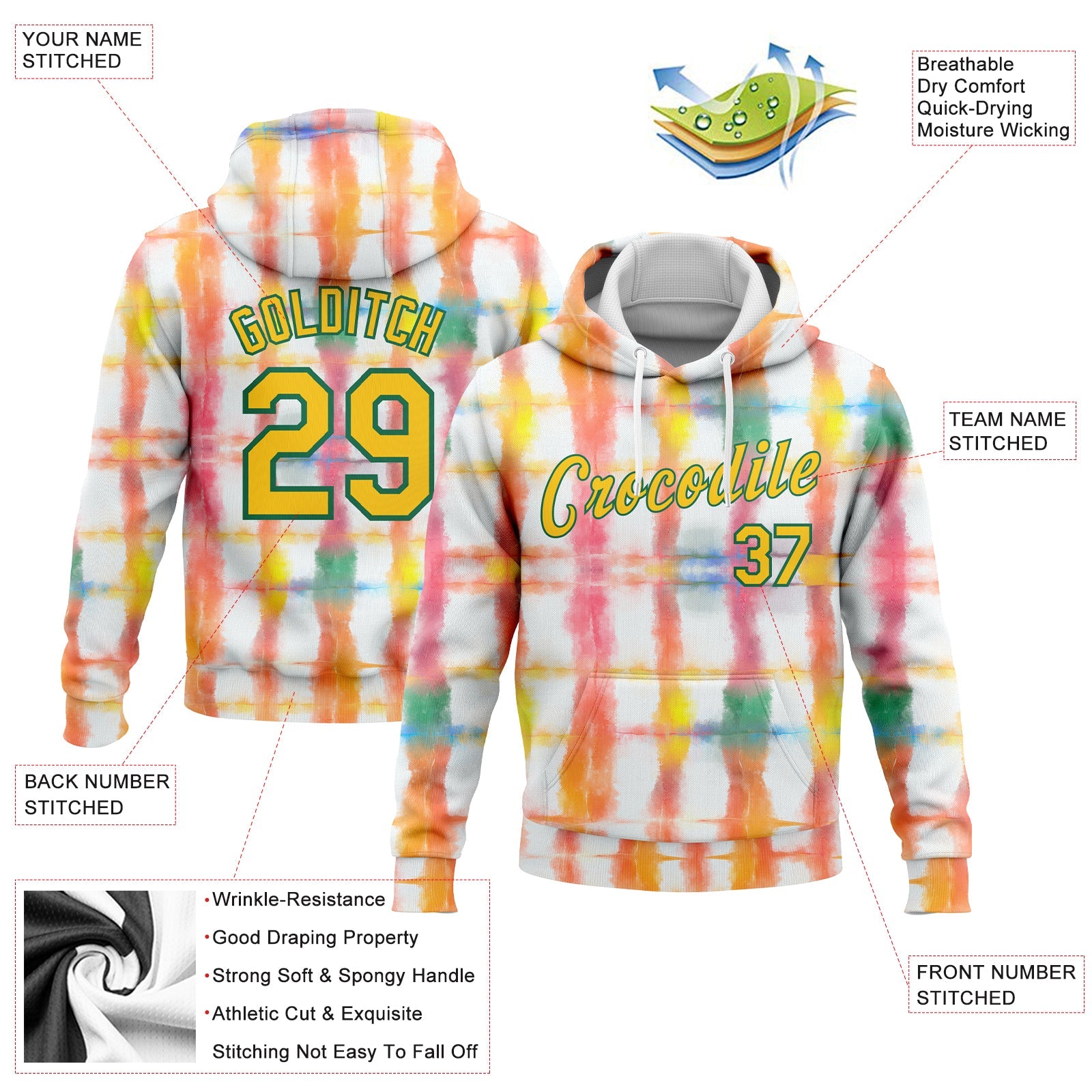 Custom Stitched Tie Dye Yellow-Kelly Green 3D Rainbow Watercolor Sports Pullover Sweatshirt Hoodie view 2