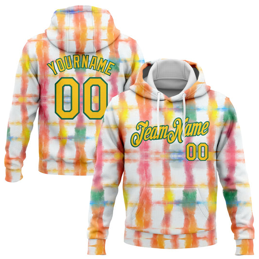 Custom Stitched Tie Dye Yellow-Kelly Green 3D Rainbow Watercolor Sports Pullover Sweatshirt Hoodie - Main View
