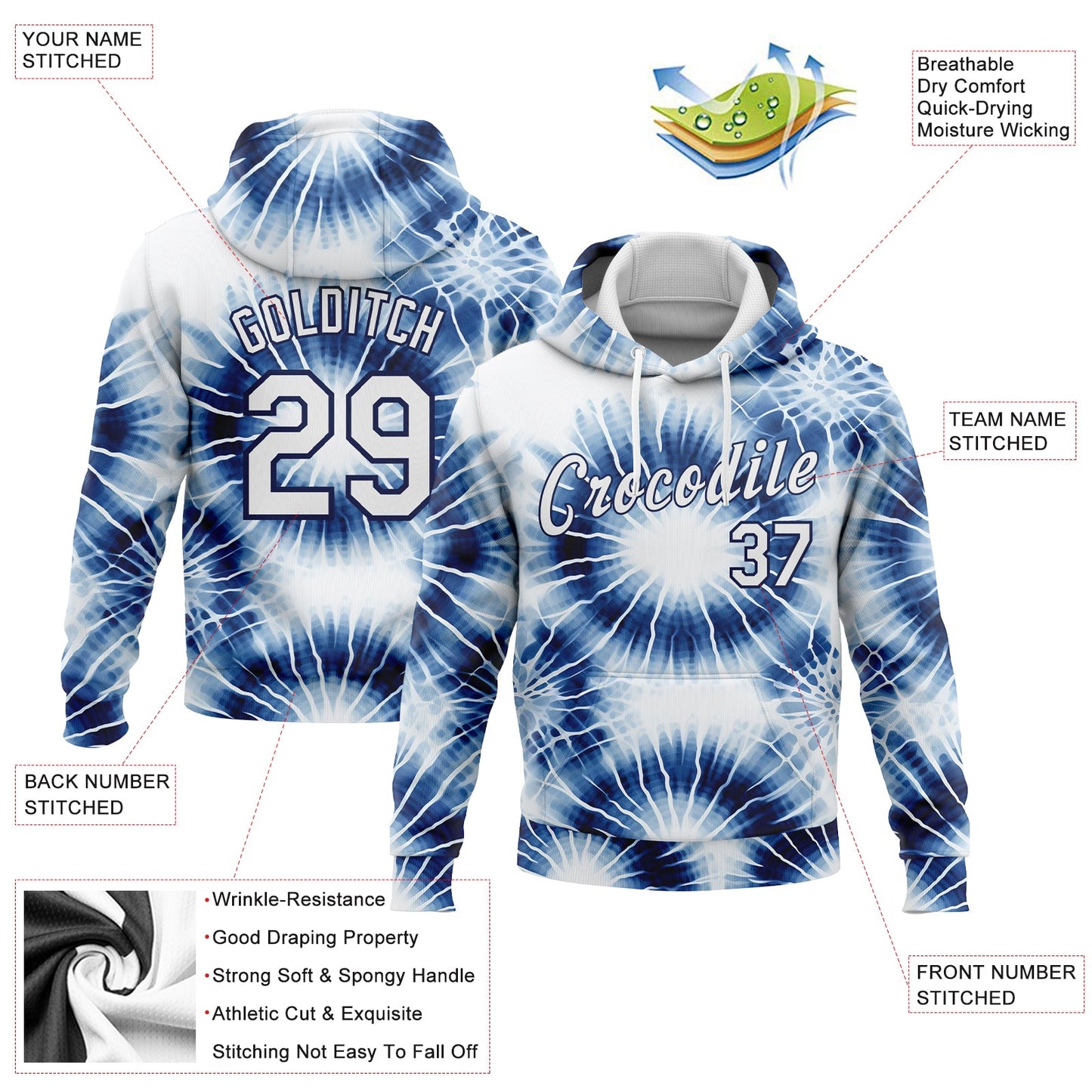 Custom Stitched Tie Dye White-Navy 3D Abstract Style Sports Pullover Sweatshirt Hoodie view 2