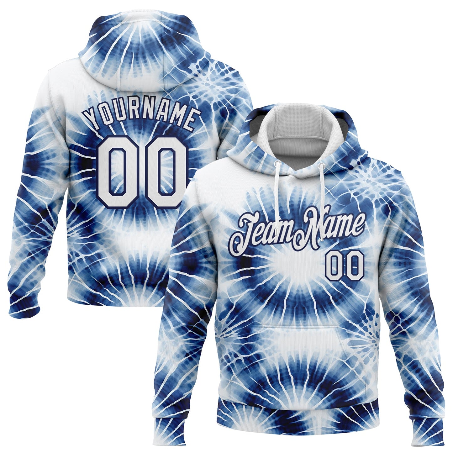Custom Stitched Tie Dye White-Navy 3D Abstract Style Sports Pullover Sweatshirt Hoodie - Main View