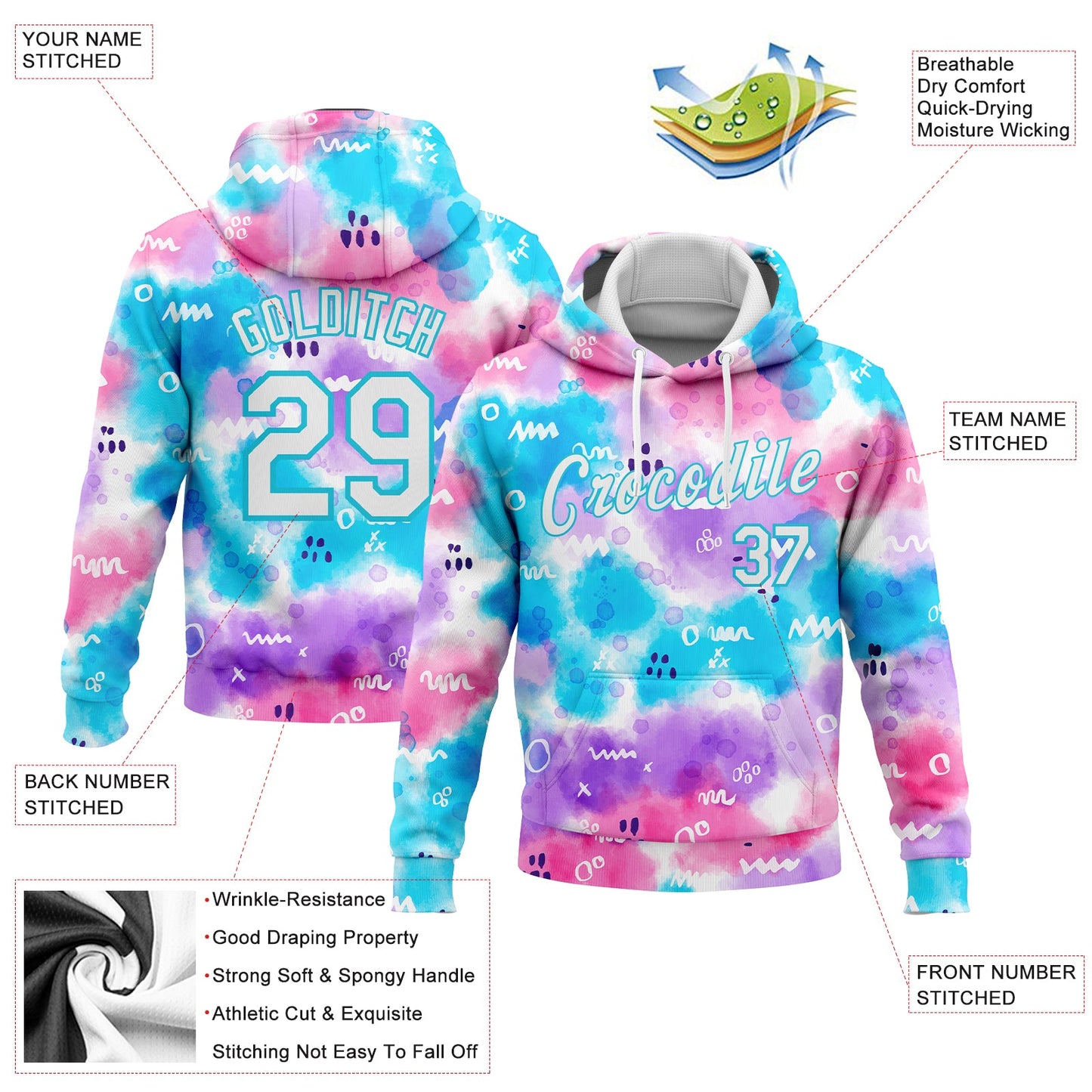 Custom Stitched Tie Dye White-Sky Blue 3D Abstract Watercolor Sports Pullover Sweatshirt Hoodie view 2