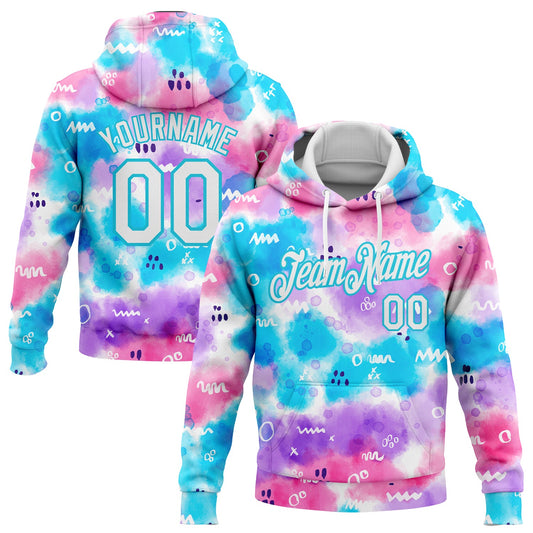 Custom Stitched Tie Dye White-Sky Blue 3D Abstract Watercolor Sports Pullover Sweatshirt Hoodie - Main View