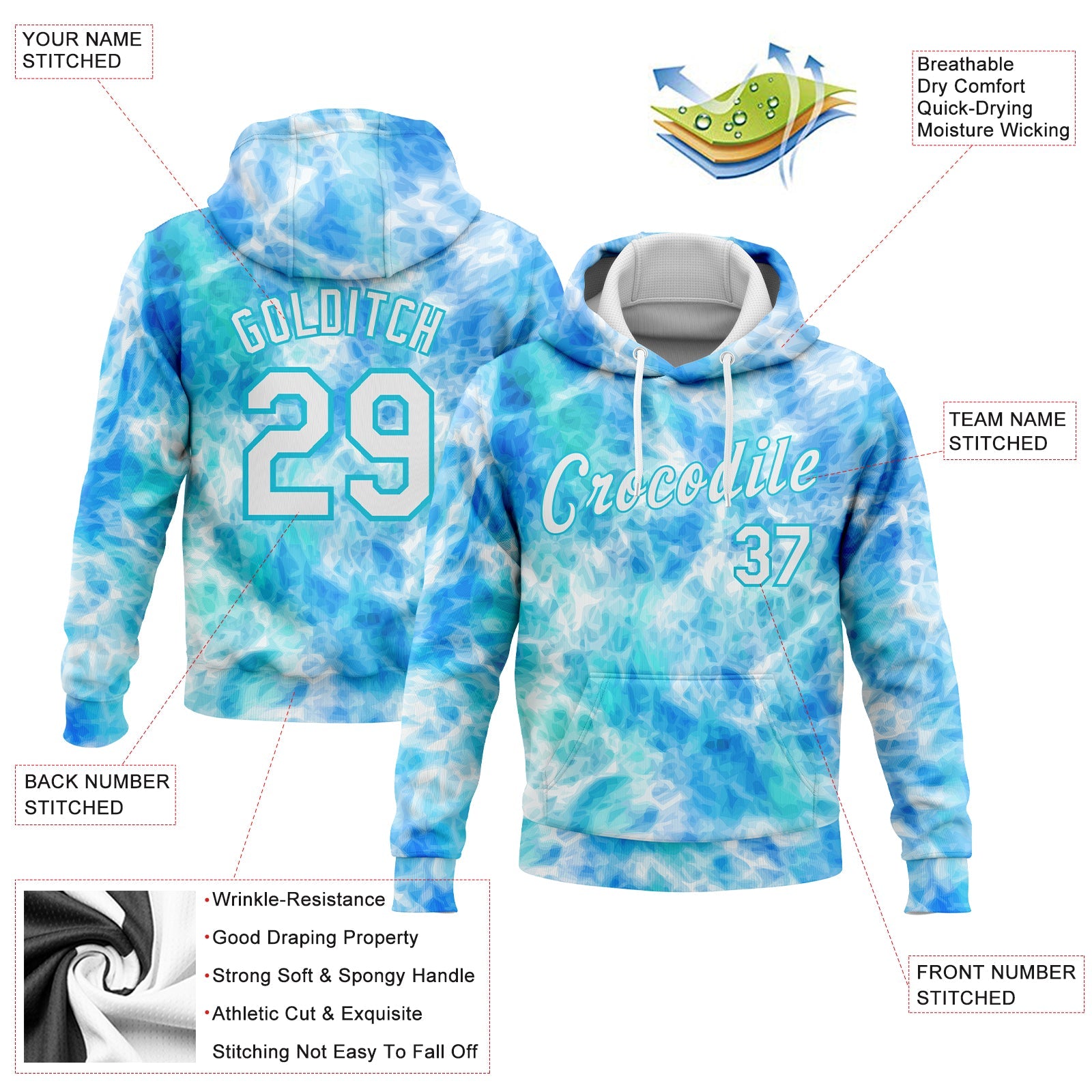 Custom Stitched Tie Dye White-Sky Blue 3D Abstract Style Sports Pullover Sweatshirt Hoodie view 2