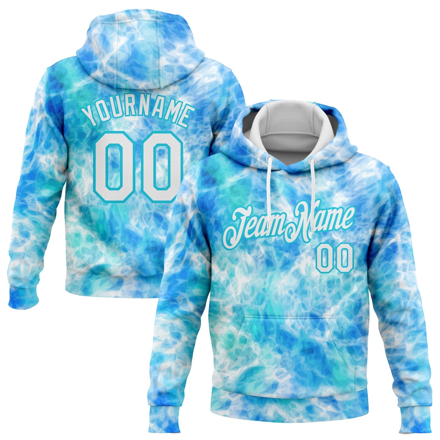 Custom Stitched Tie Dye White-Sky Blue 3D Abstract Style Sports Pullover Sweatshirt Hoodie - Main View
