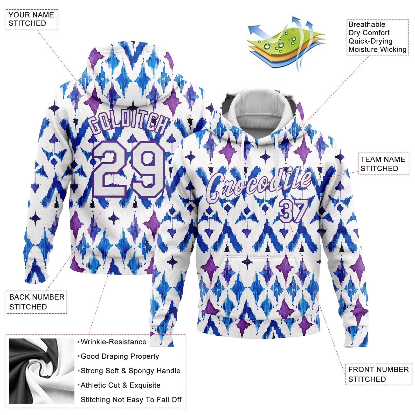 Custom Stitched Tie Dye White-Purple 3D Abstract Watercolor Sports Pullover Sweatshirt Hoodie view 2