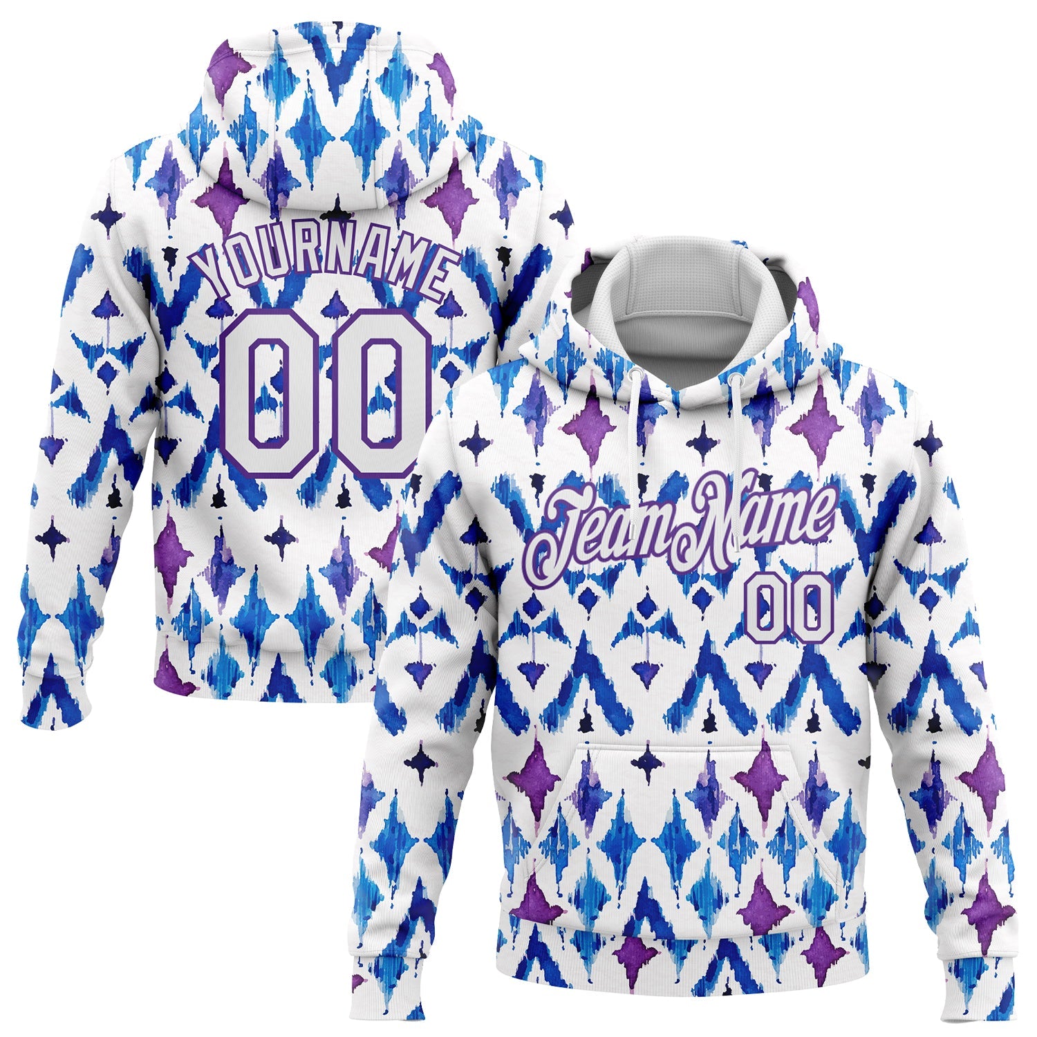Custom Stitched Tie Dye White-Purple 3D Abstract Watercolor Sports Pullover Sweatshirt Hoodie - Main View