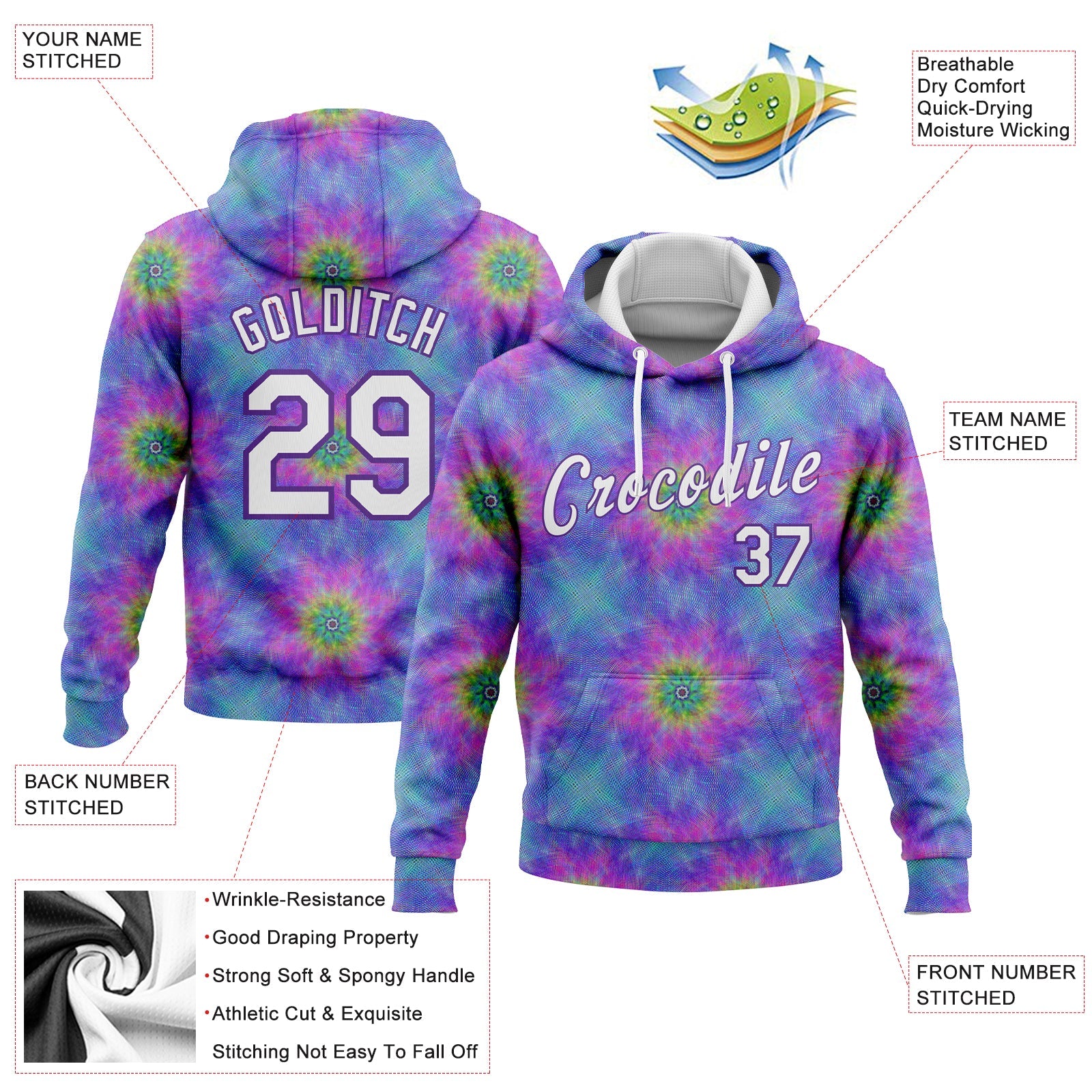 Custom Stitched Tie Dye White-Purple 3D Abstract Fractal Style Sports Pullover Sweatshirt Hoodie view 2