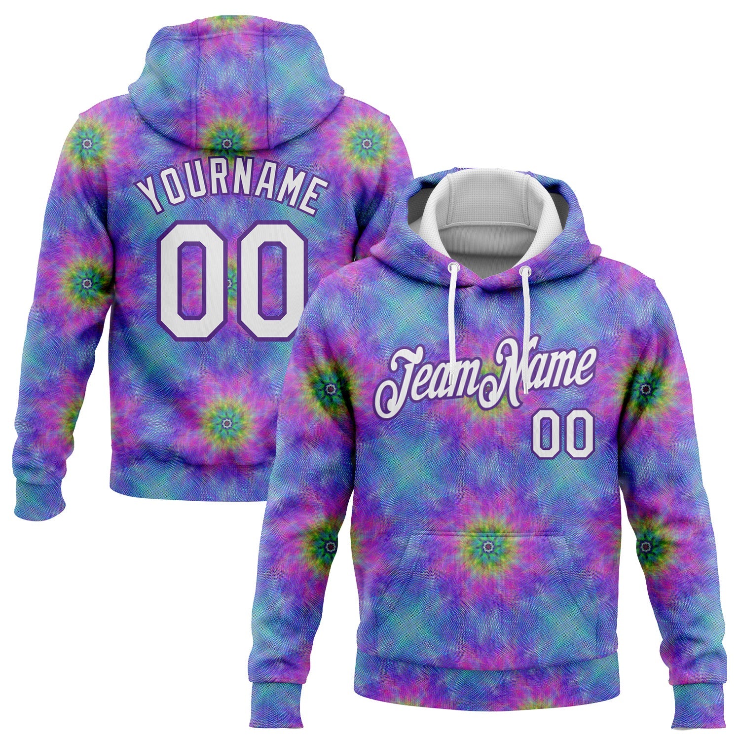 Custom Stitched Tie Dye White-Purple 3D Abstract Fractal Style Sports Pullover Sweatshirt Hoodie - Main View