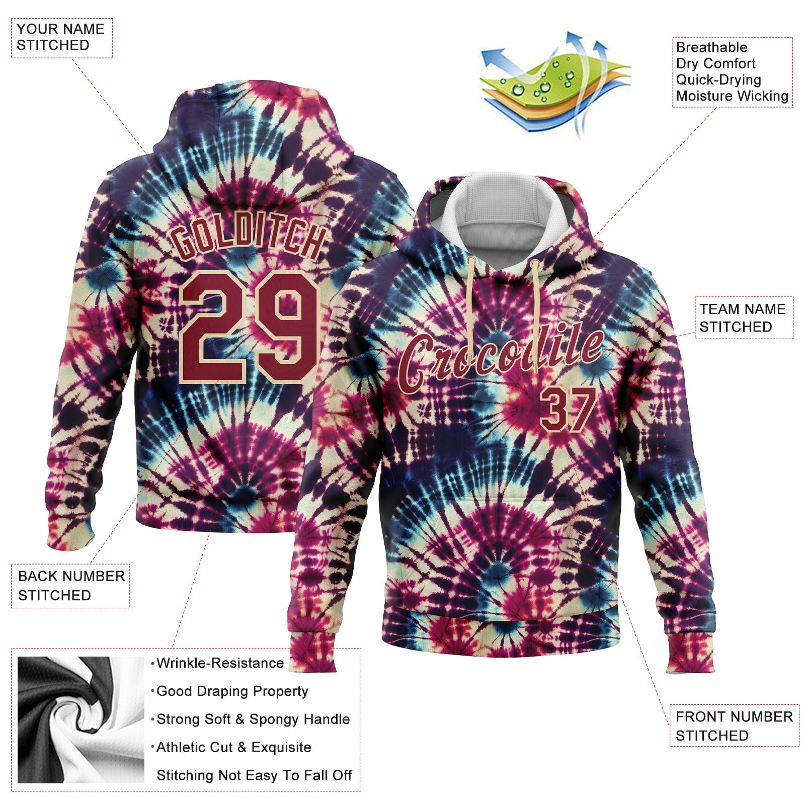 Custom Stitched Tie Dye Crimson-Cream 3D Hippie Batik Sports Pullover Sweatshirt Hoodie view 2