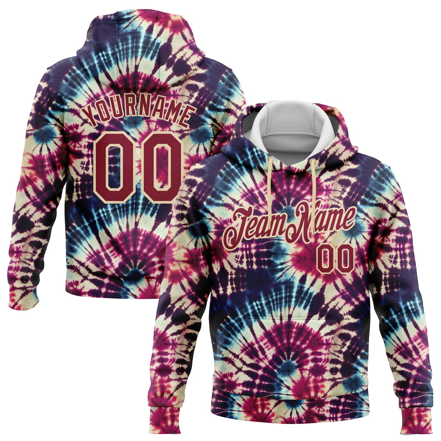 Custom Stitched Tie Dye Crimson-Cream 3D Hippie Batik Sports Pullover Sweatshirt Hoodie - Main View