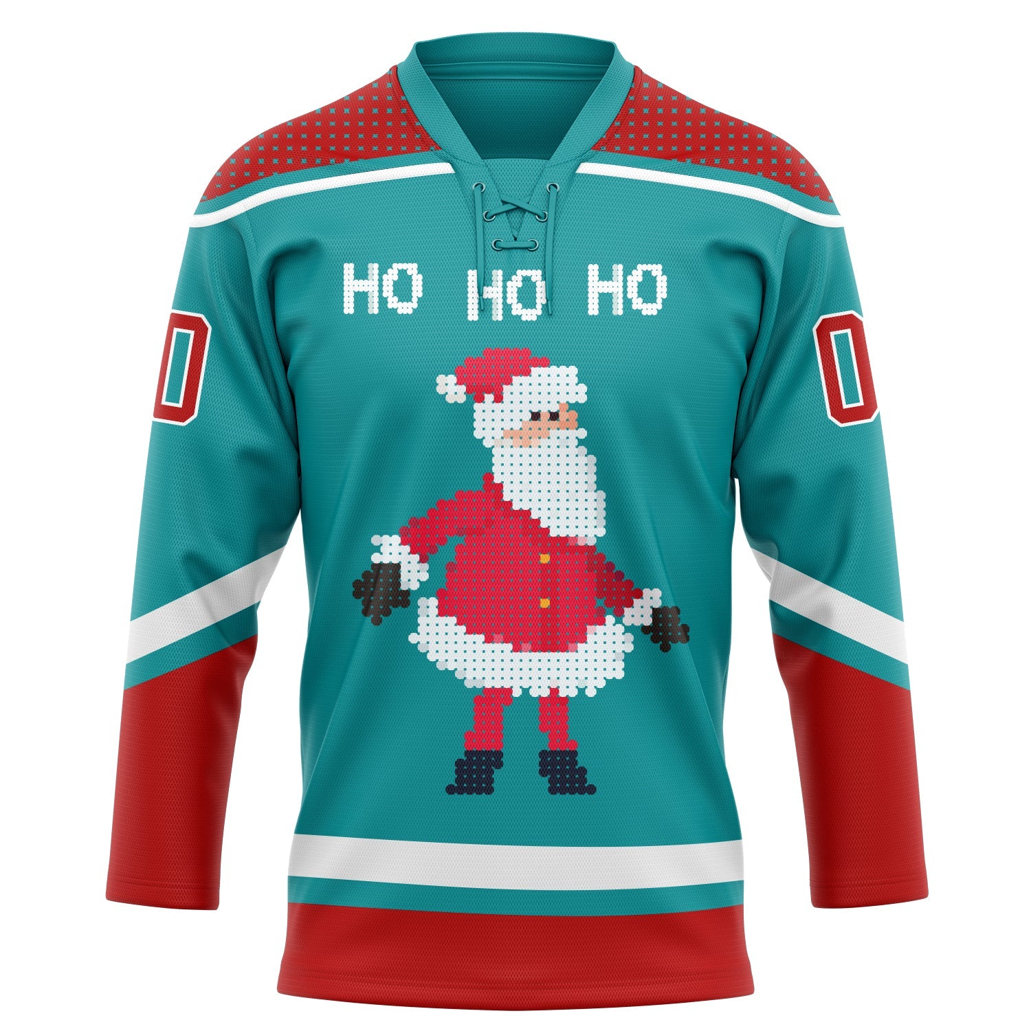 Custom Teal Red-White Christmas Santa Claus 3D Hockey Lace Neck Jersey view 2